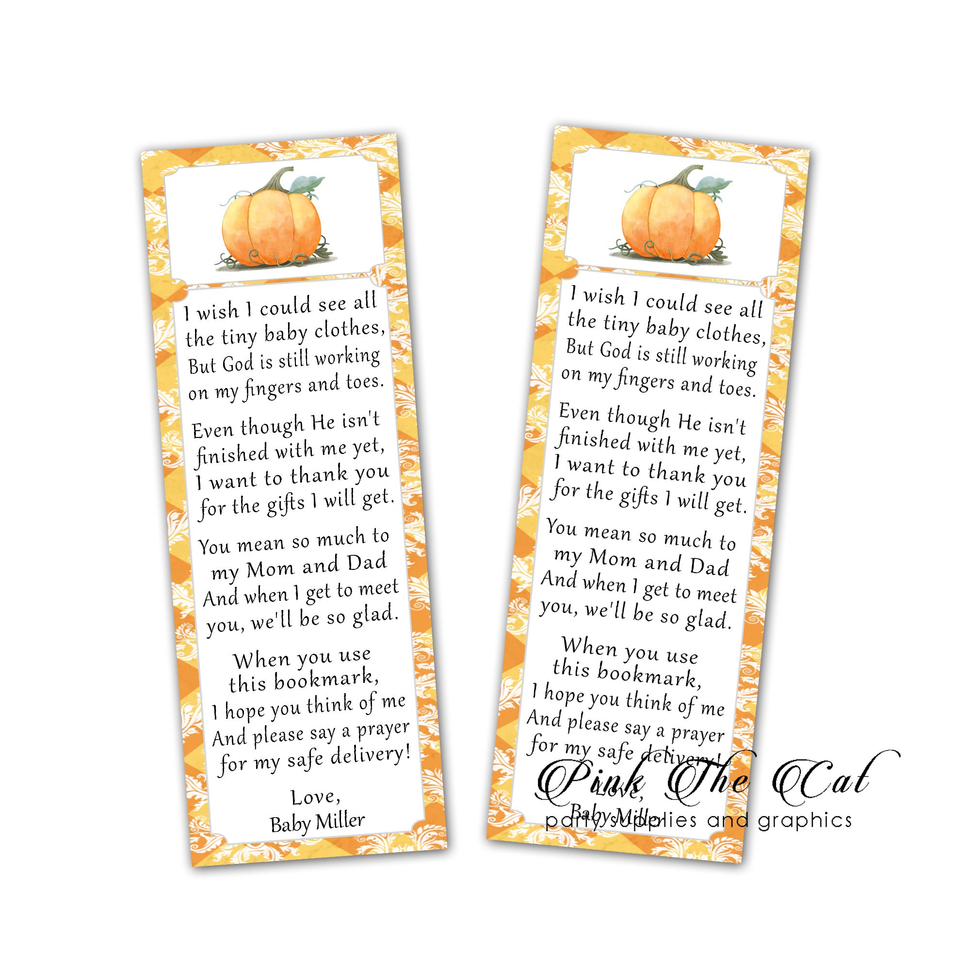 Pumpkin fall bookmarks baby shower favors personalized printable