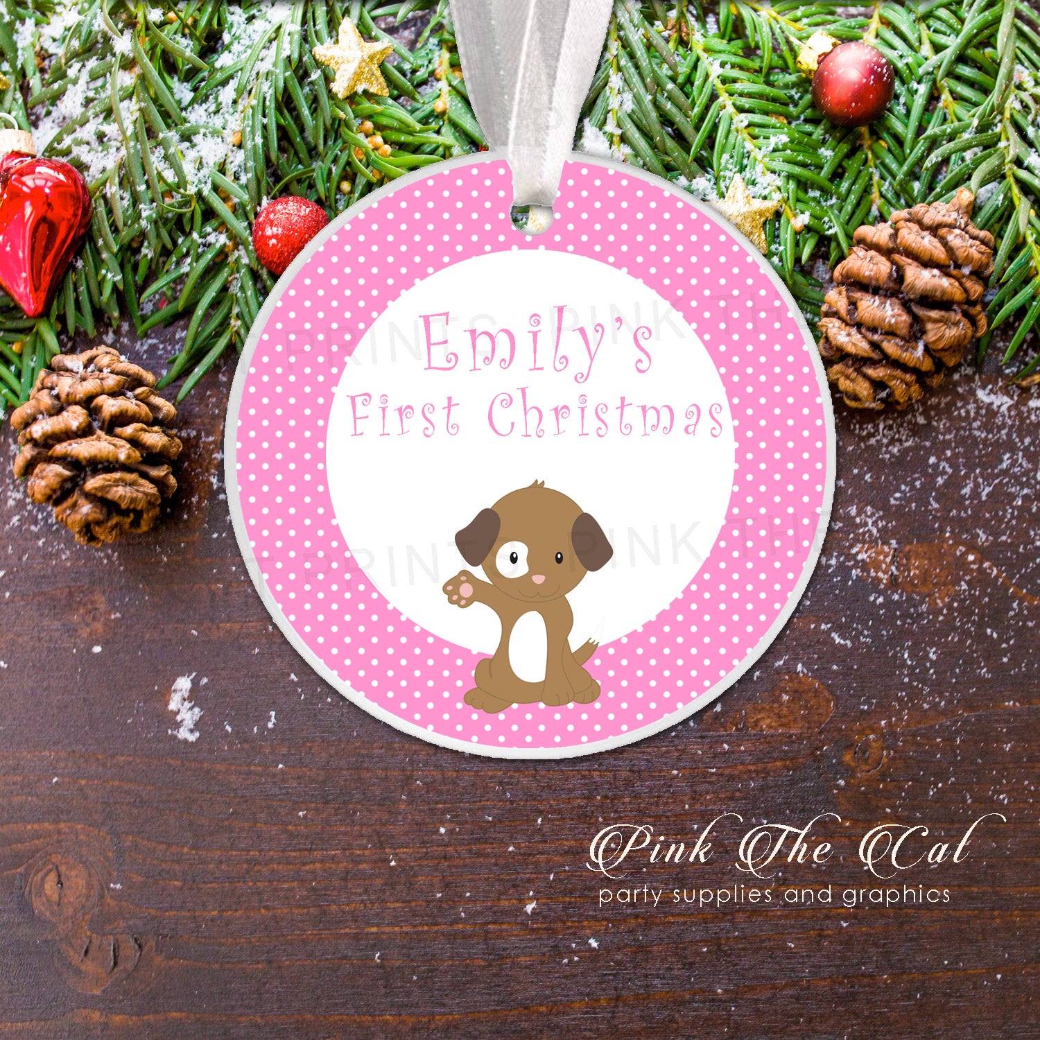 Personalized Christmas tree ornament girl puppy pink