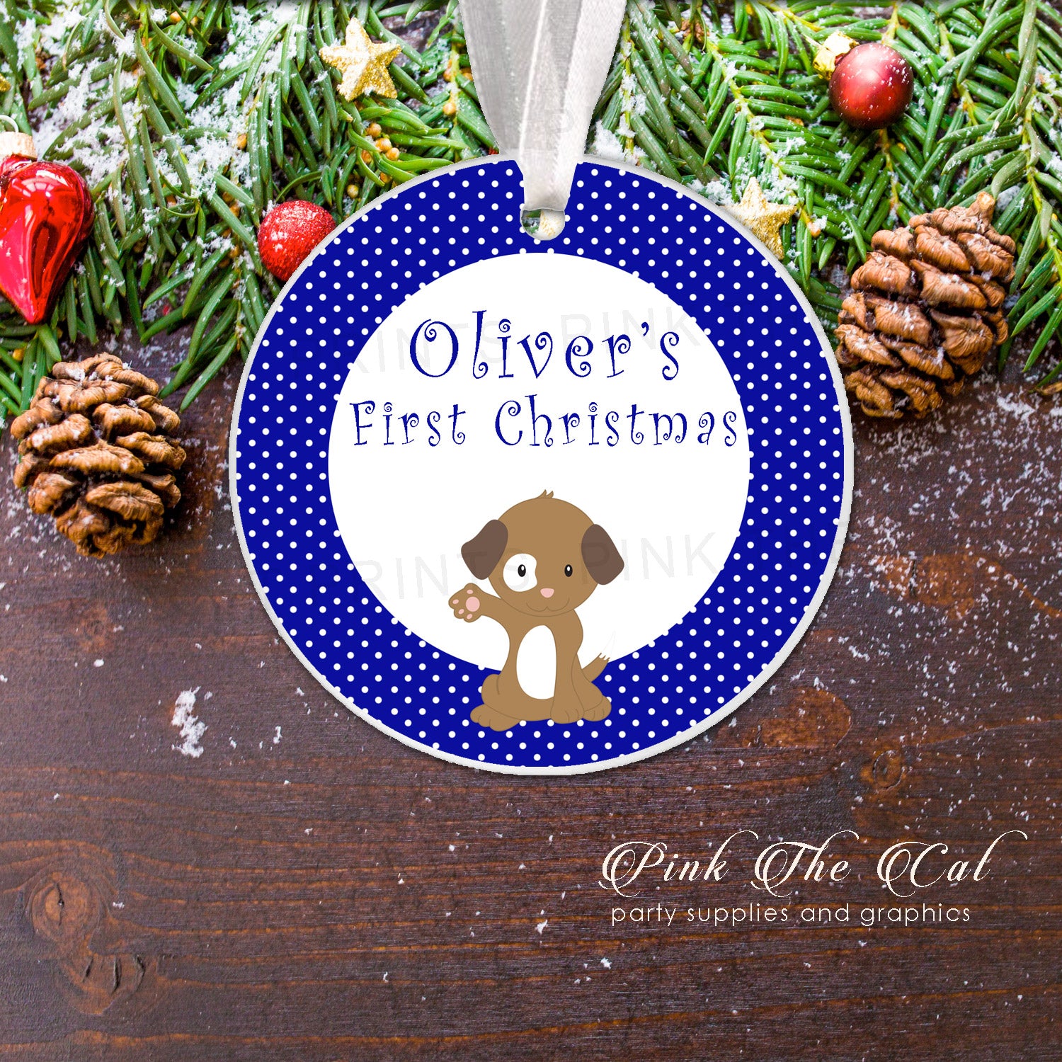 Personalized Christmas tree ornament boy puppy blue
