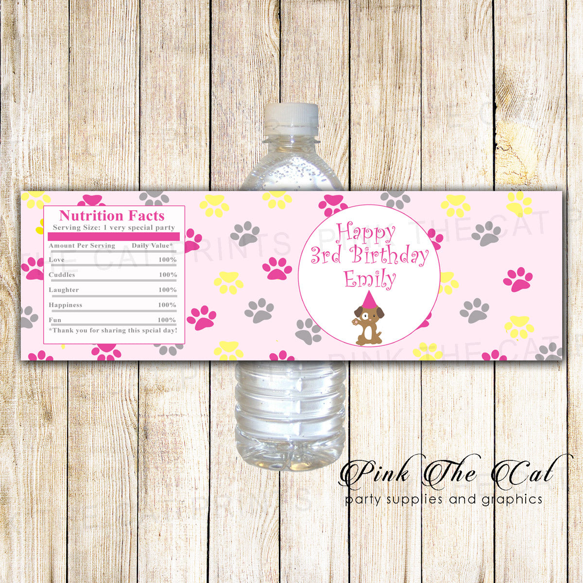 Puppy Bottle Label Pink Yellow Birthday Baby Shower Printable