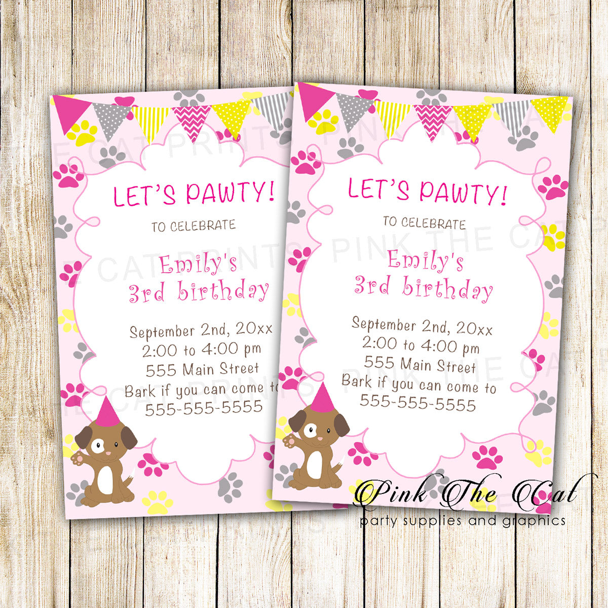 30 Cards Puppy Pawty Girl Birthday Invitation Pink Yellow 