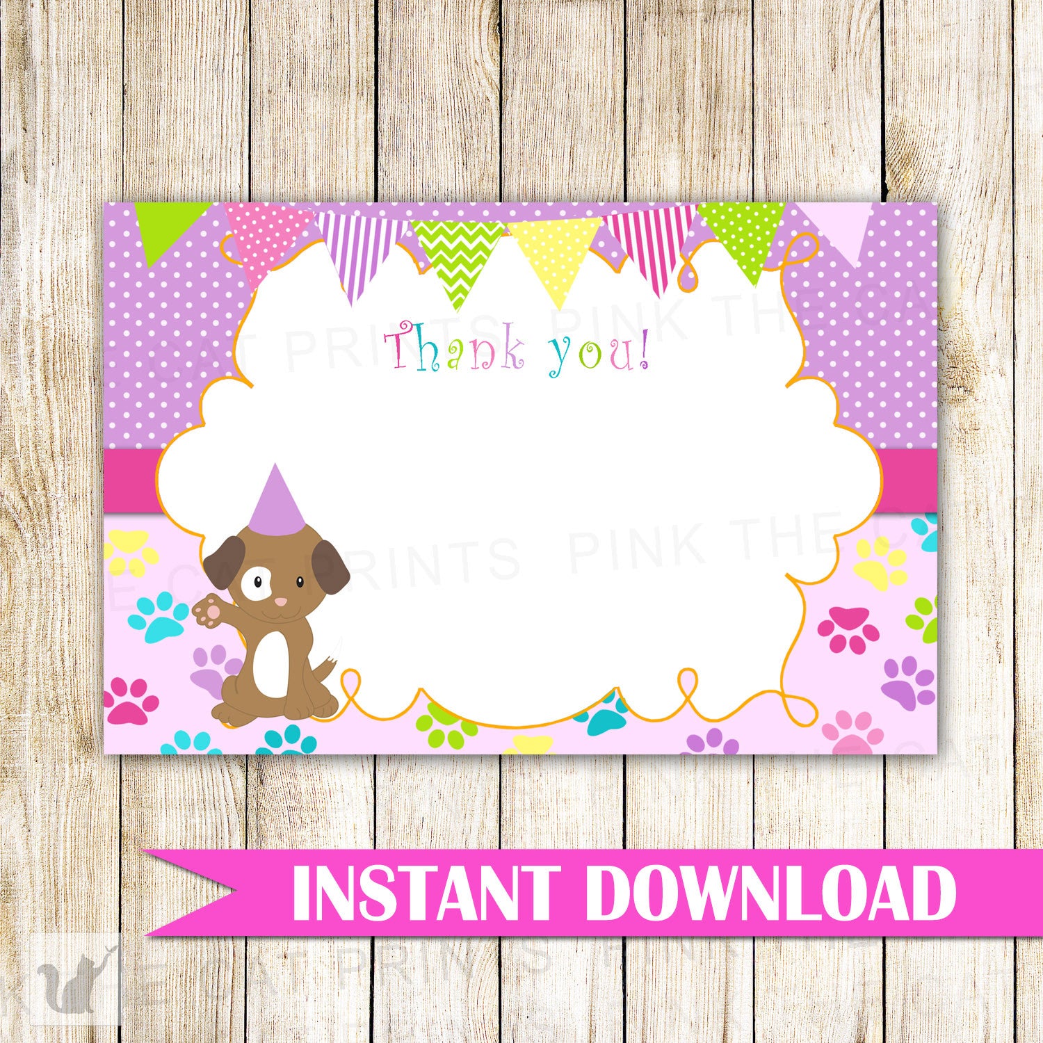 Puppy Thank You Card Note Birthday Pawty Purple Pink