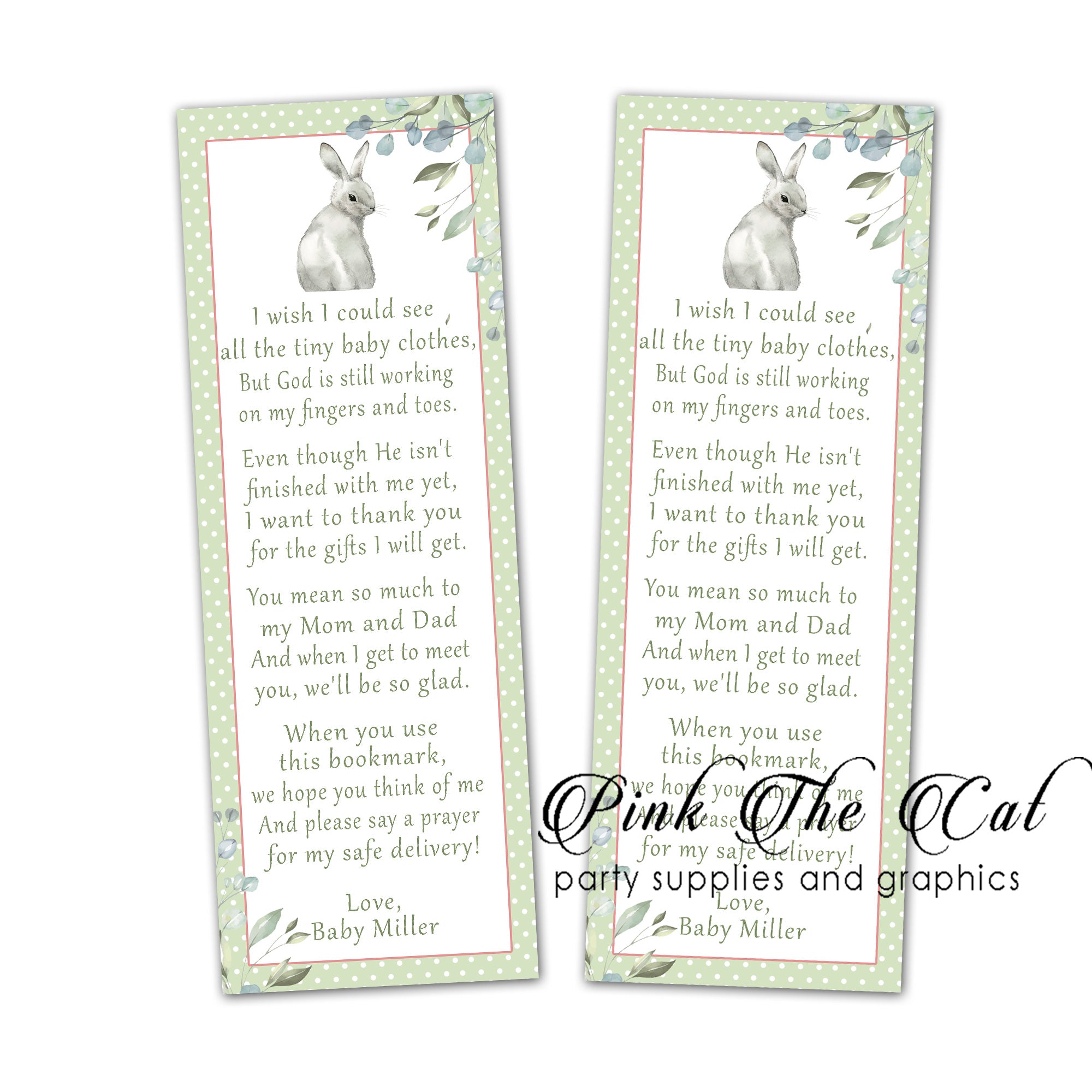 25 Rabbit Bunny green bookmarks baby shower favors gender neutral
