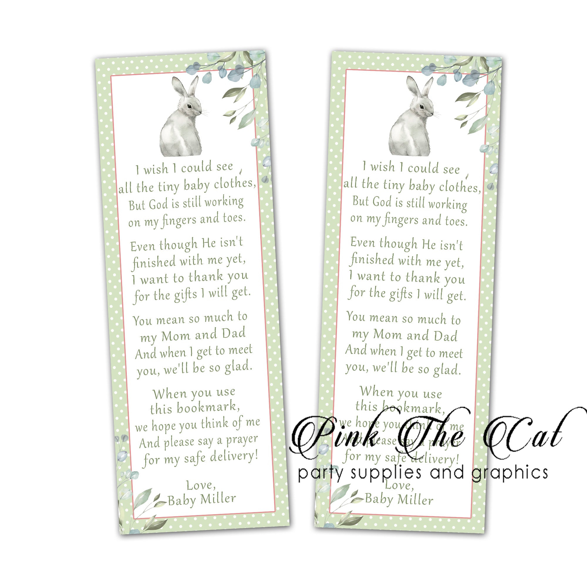 Rabbit Bunny green bookmarks baby shower favors printable