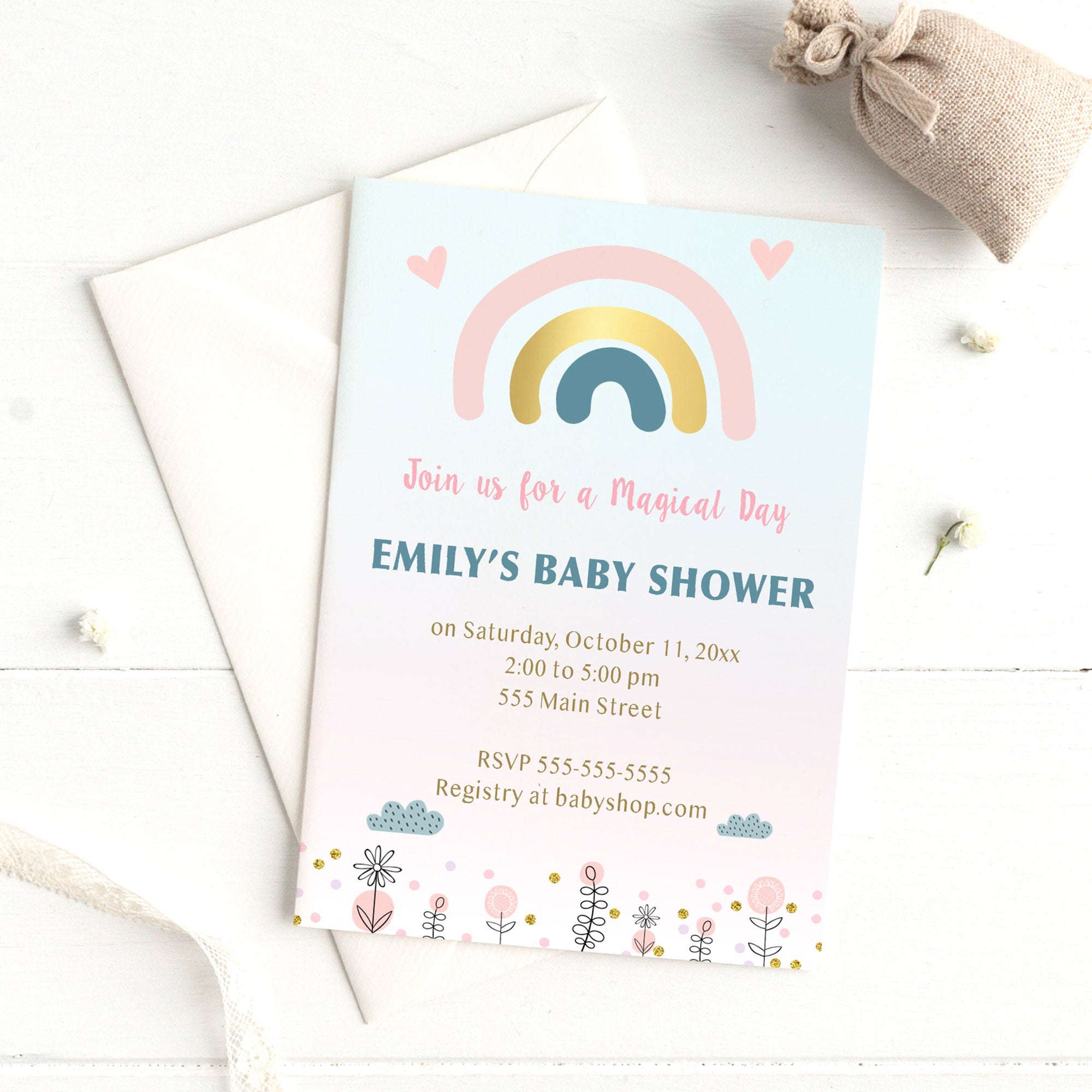 Boho scandi rainbow baby shower invitation printable or printed