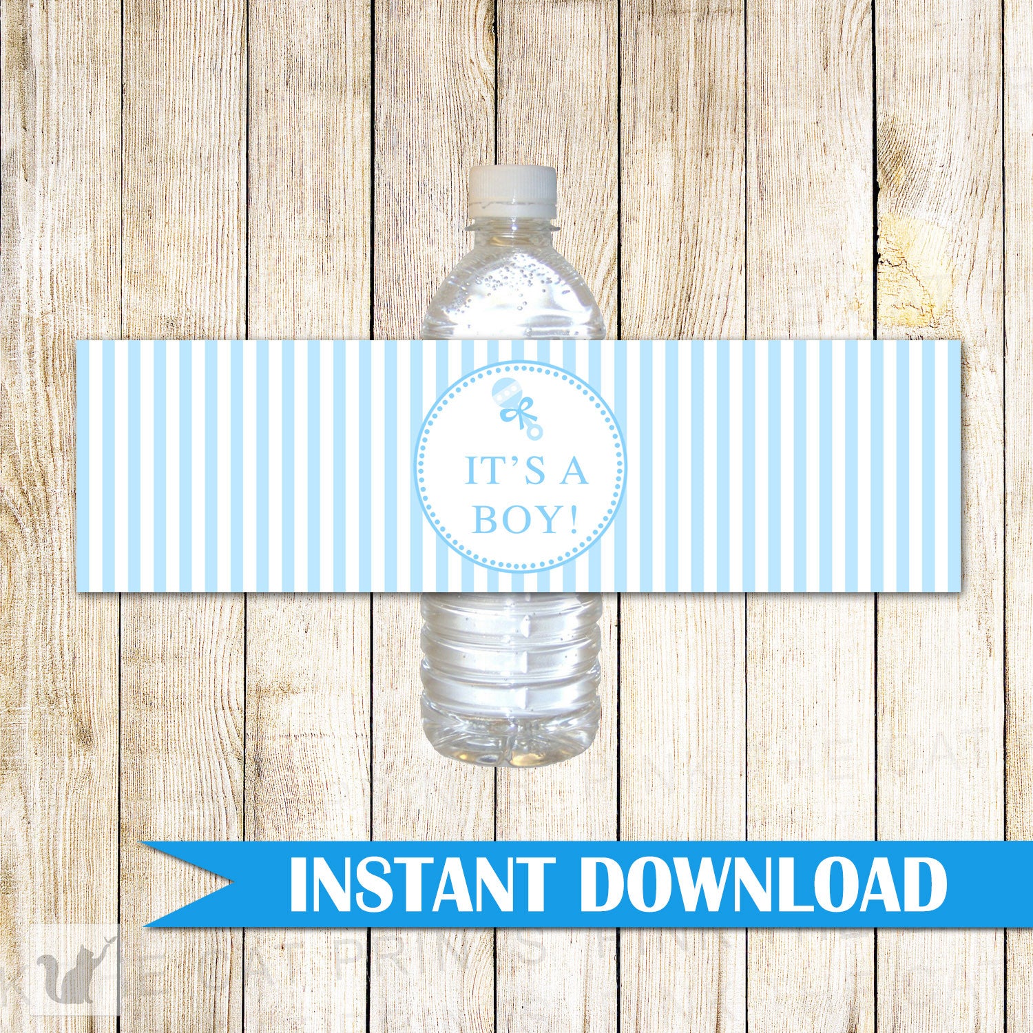 Baby Boy Shower Bottle Label Wrapper Blue Stripes Rattle