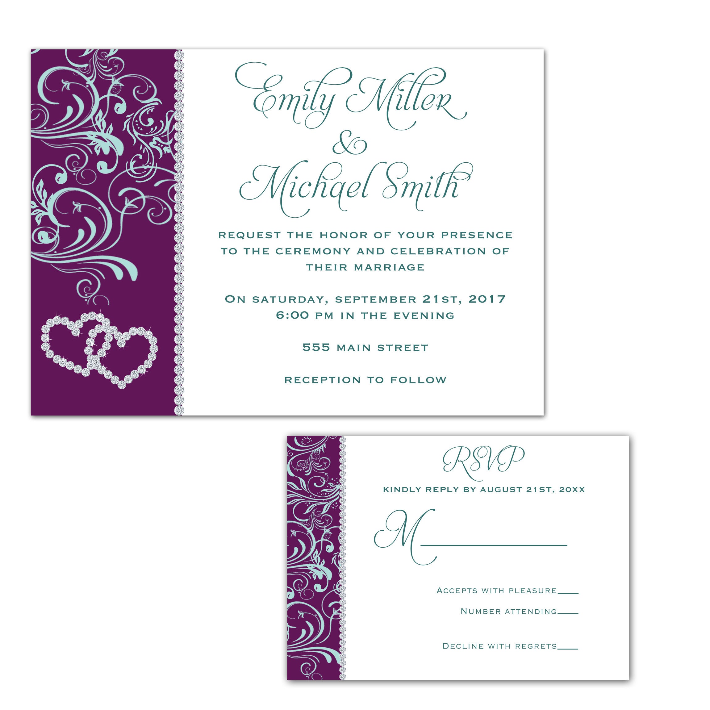 Wedding Invitation & RSVP Card Rhinestone Burgundy
