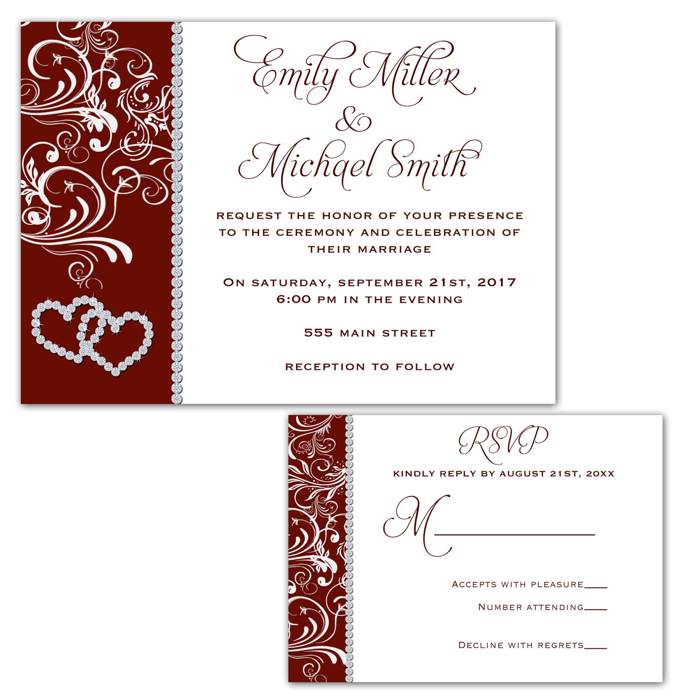 Wedding Invitation & RSVP Card Rhinestone Burgundy Silver
