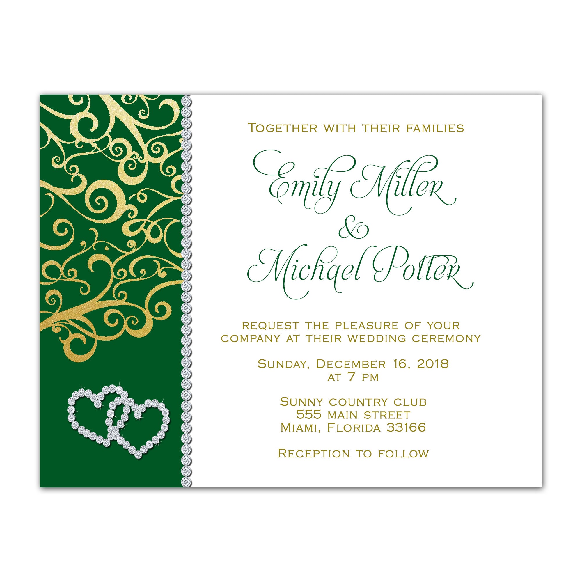 100 Rhinestone Diamond Wedding Invitation Cards Green Gold