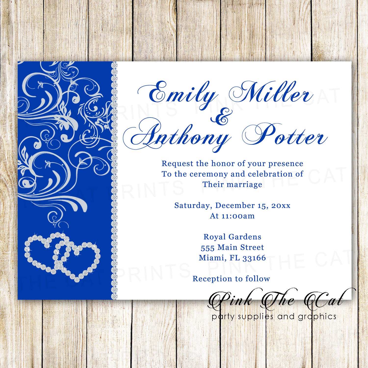 Rhinestone Diamond Wedding Invitation Silver Royal Blue Printable