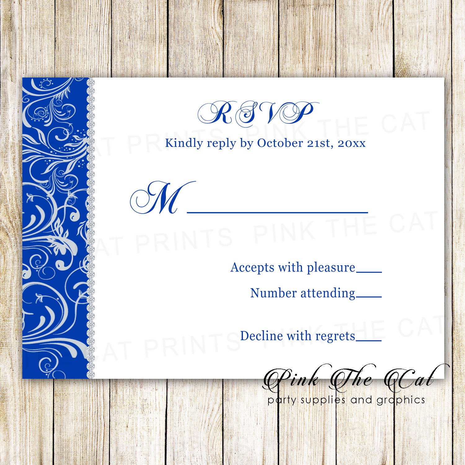  RSVP cards rhinestone diamonds royal blue hearts printable