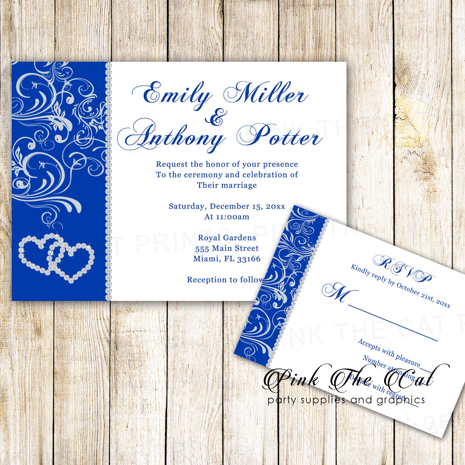 100 wedding invitations rhinestone royal blue diamonds & rsvp