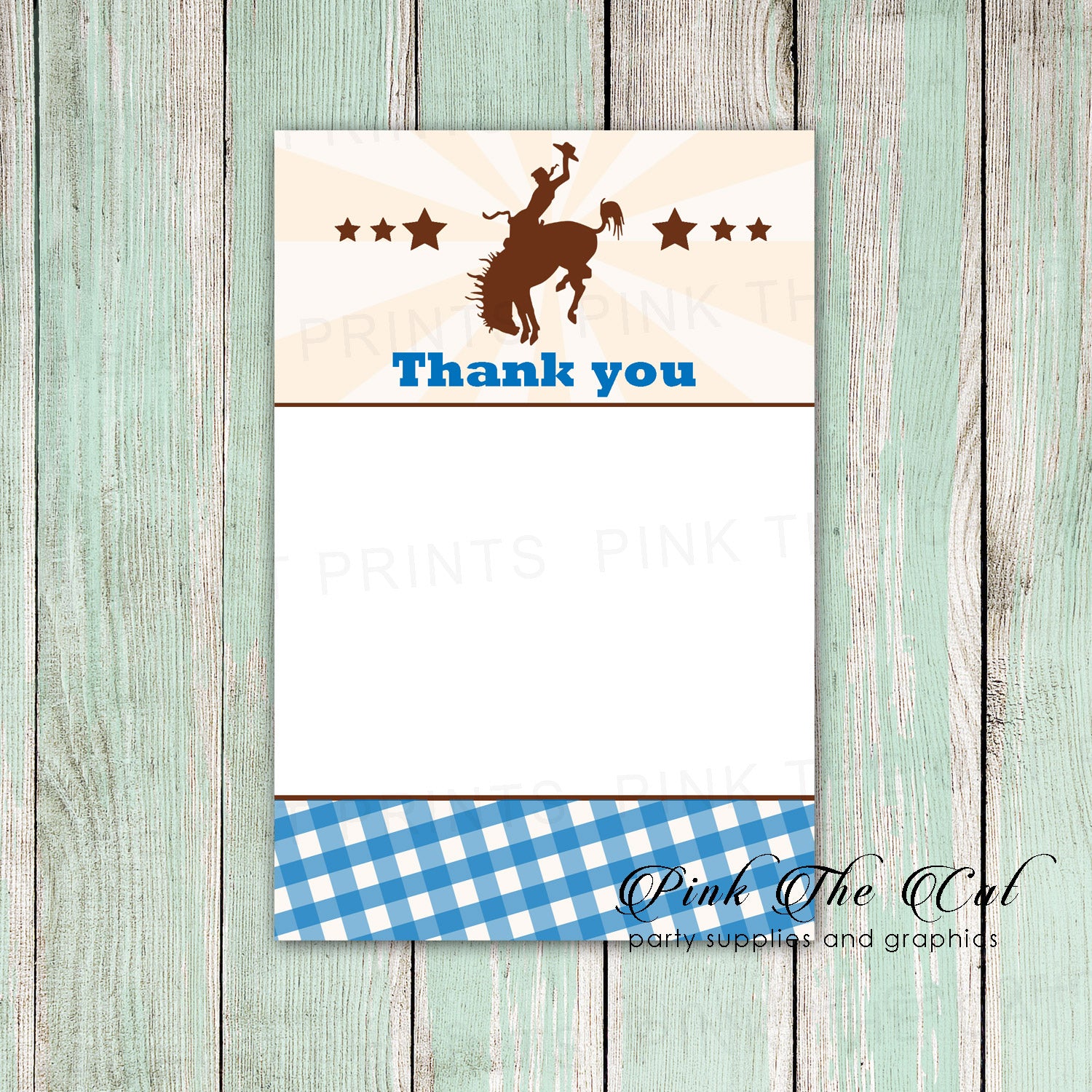 30 thank you cards kids birthday rodeo cowboy blue gingham