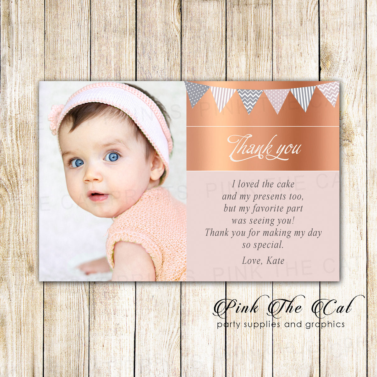 30 Thank you cards girl birthday rose gold silver with photo
