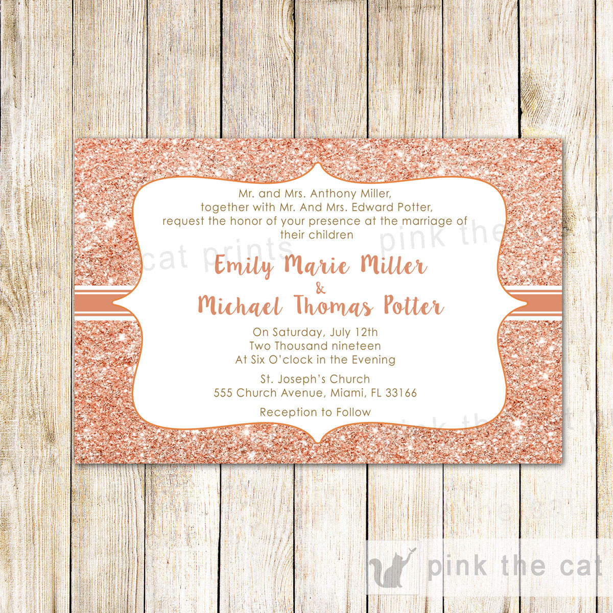 Rose Gold Glitter Wedding Invitations & RSVP Cards