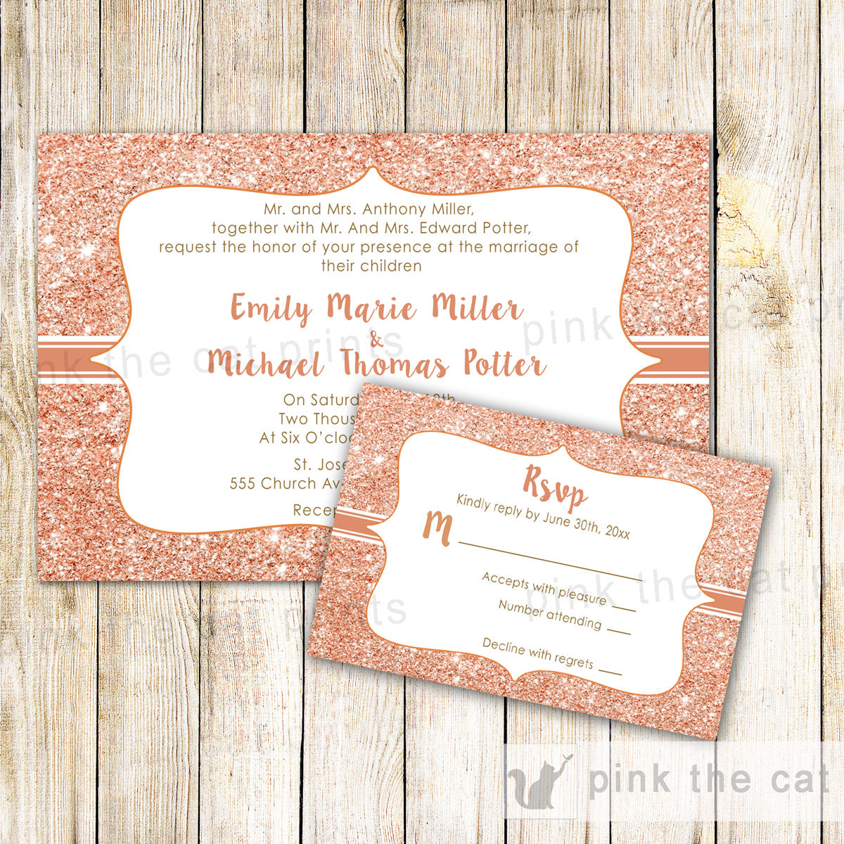 Rose Gold Glitter Wedding Invitations & RSVP Cards