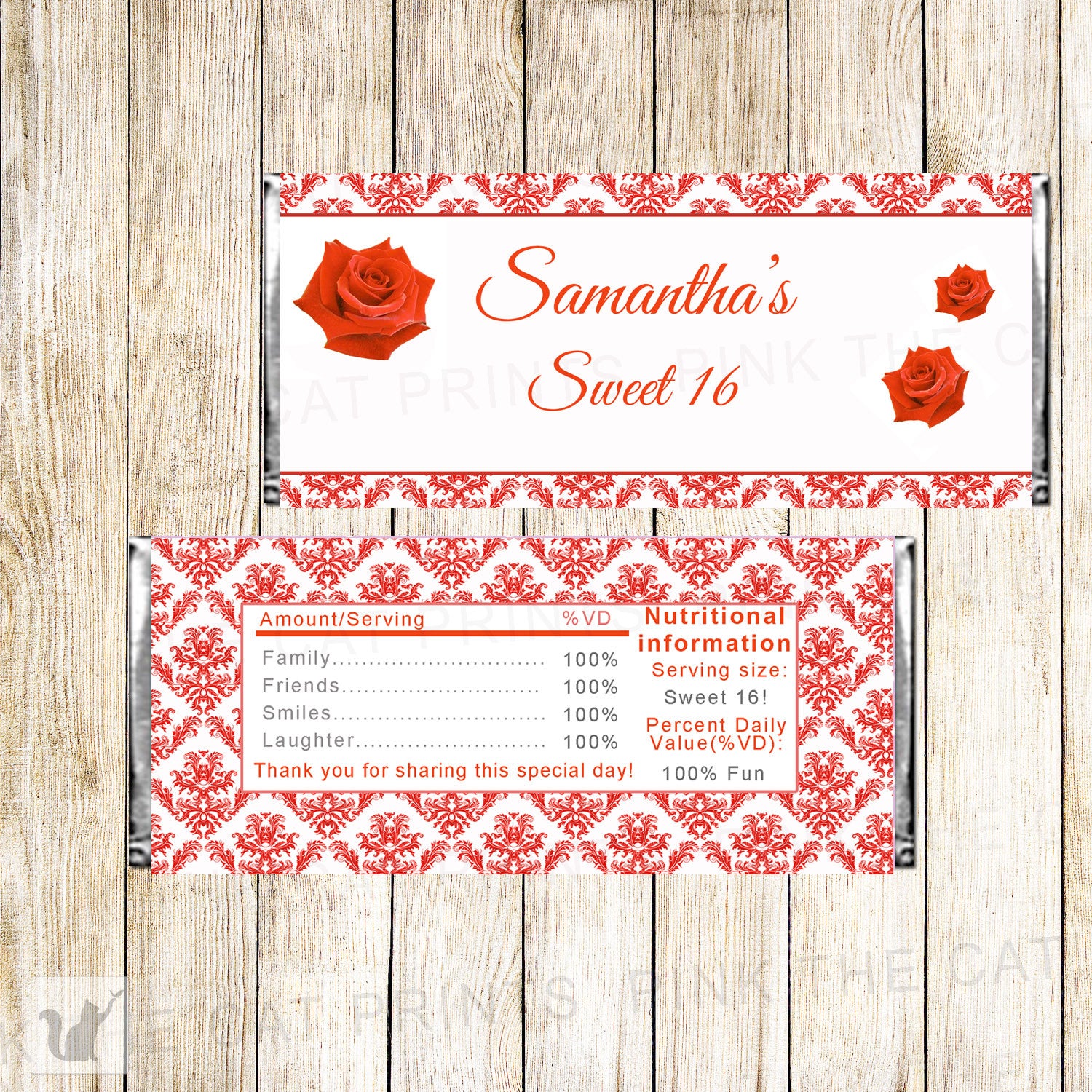 Red Roses Candy Bar Label Wrapper Birthday Bridal Shower Sweet 16