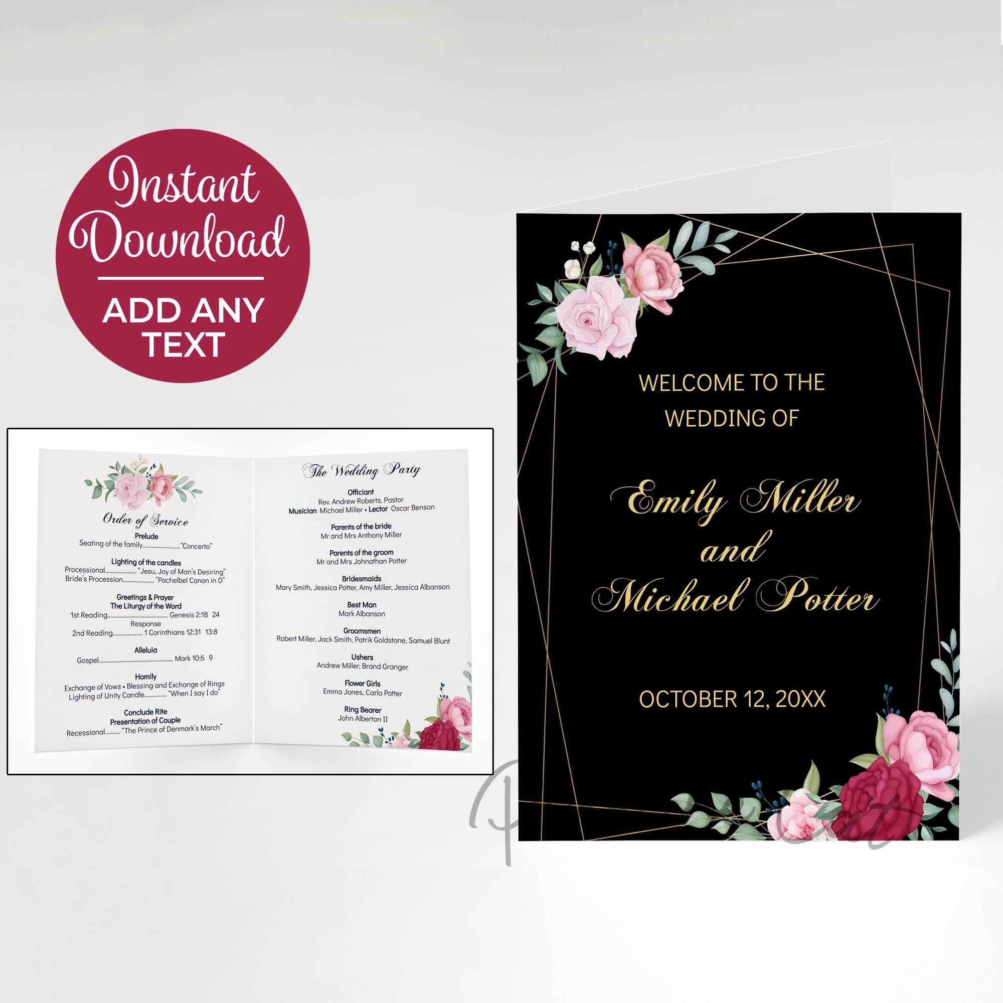 Wedding program roses black gold