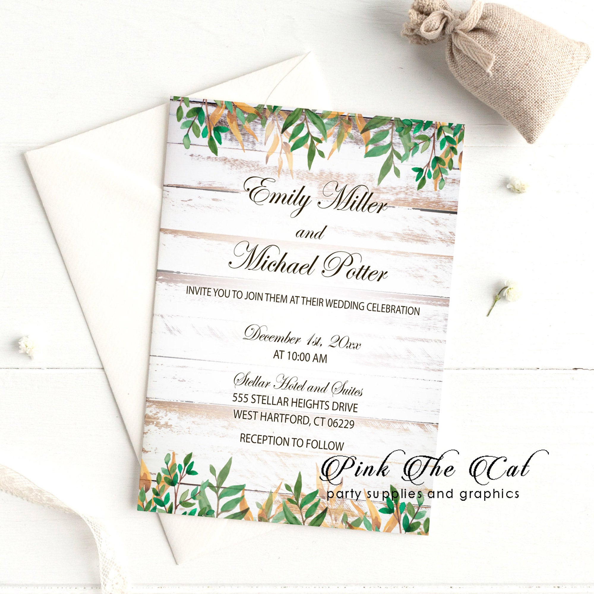 100 wedding invitations rustic wood background greenery and envelopes