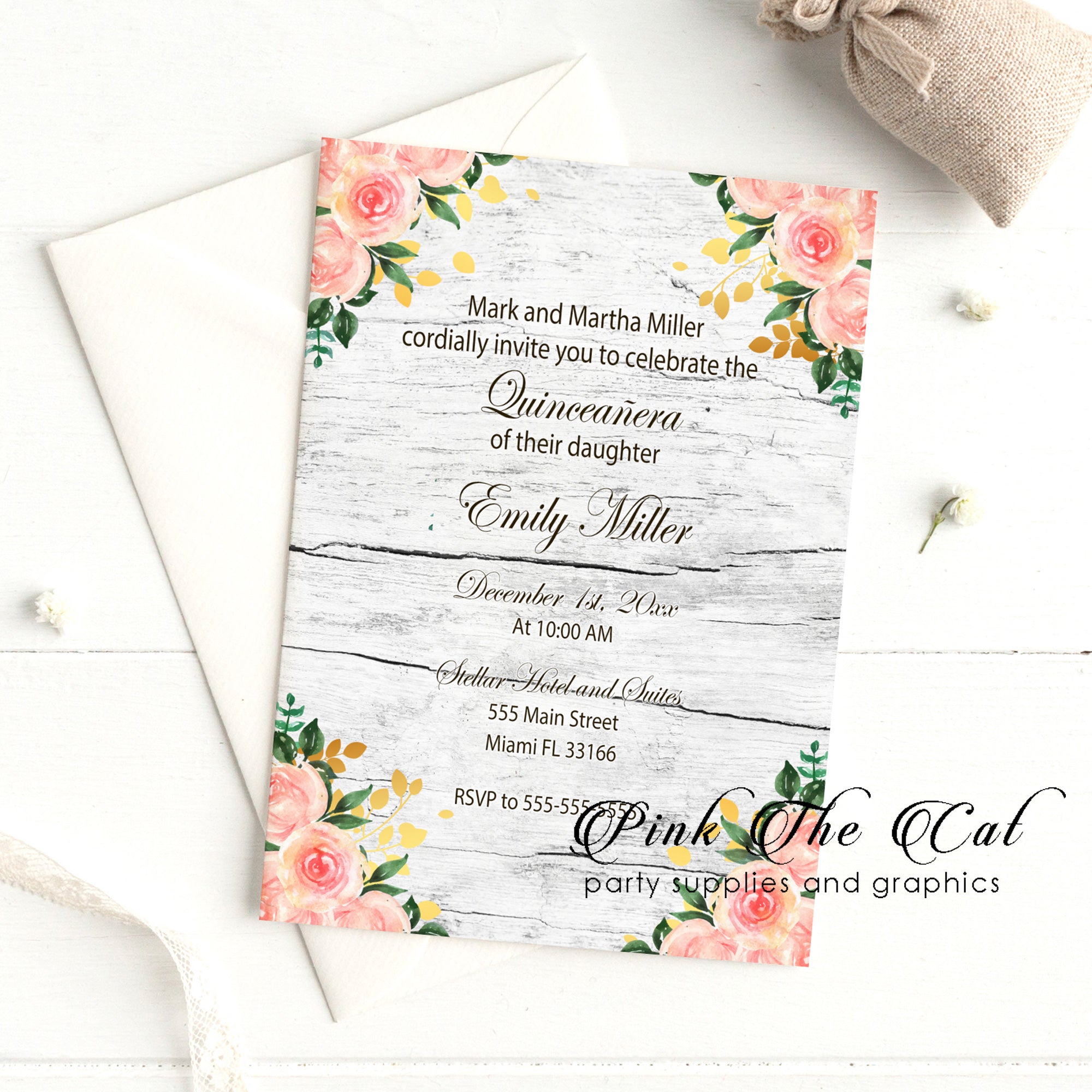 Rustic floral quinceañera invitation blush pink gold with envelopes