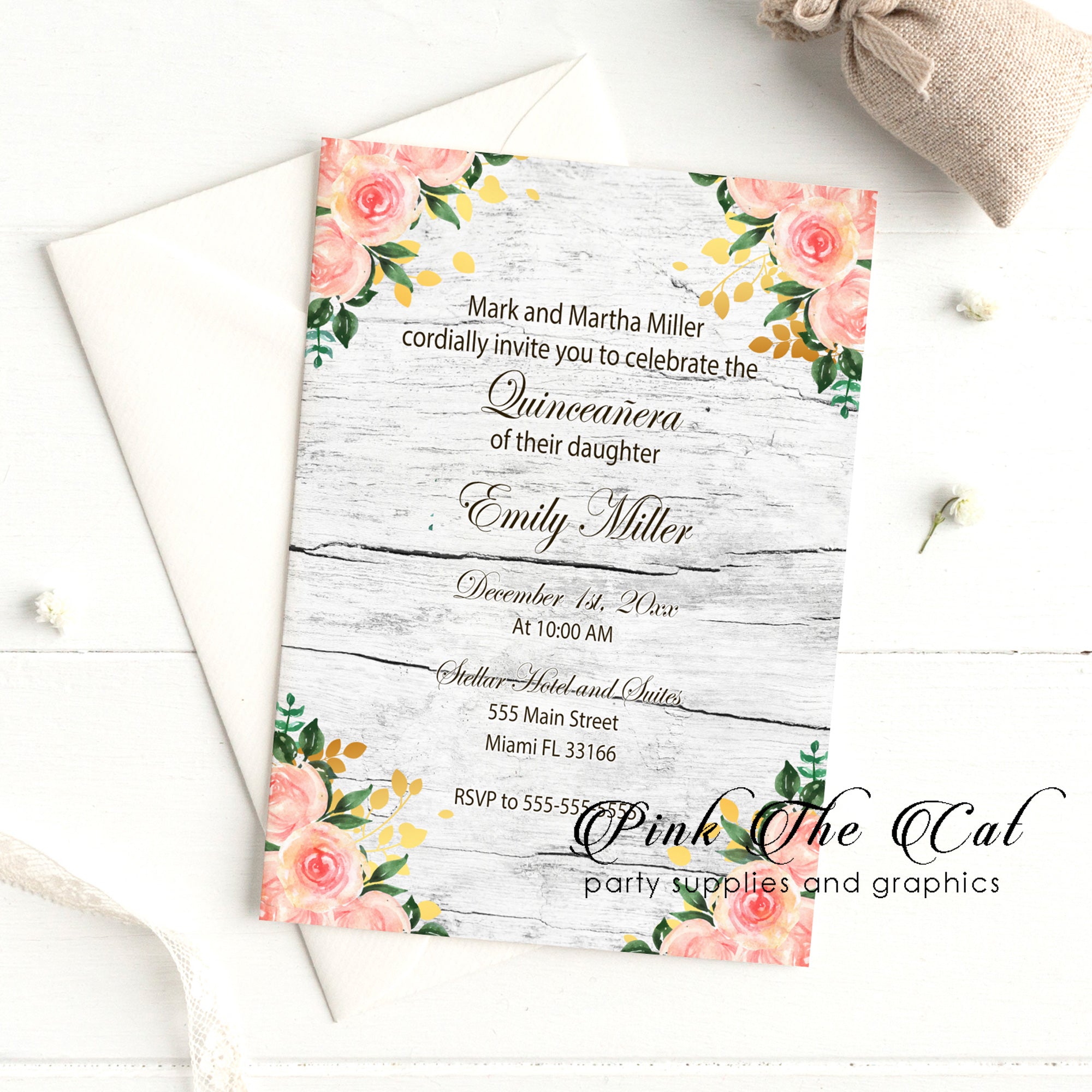 Rustic floral quinceañera invitation blush pink gold printable
