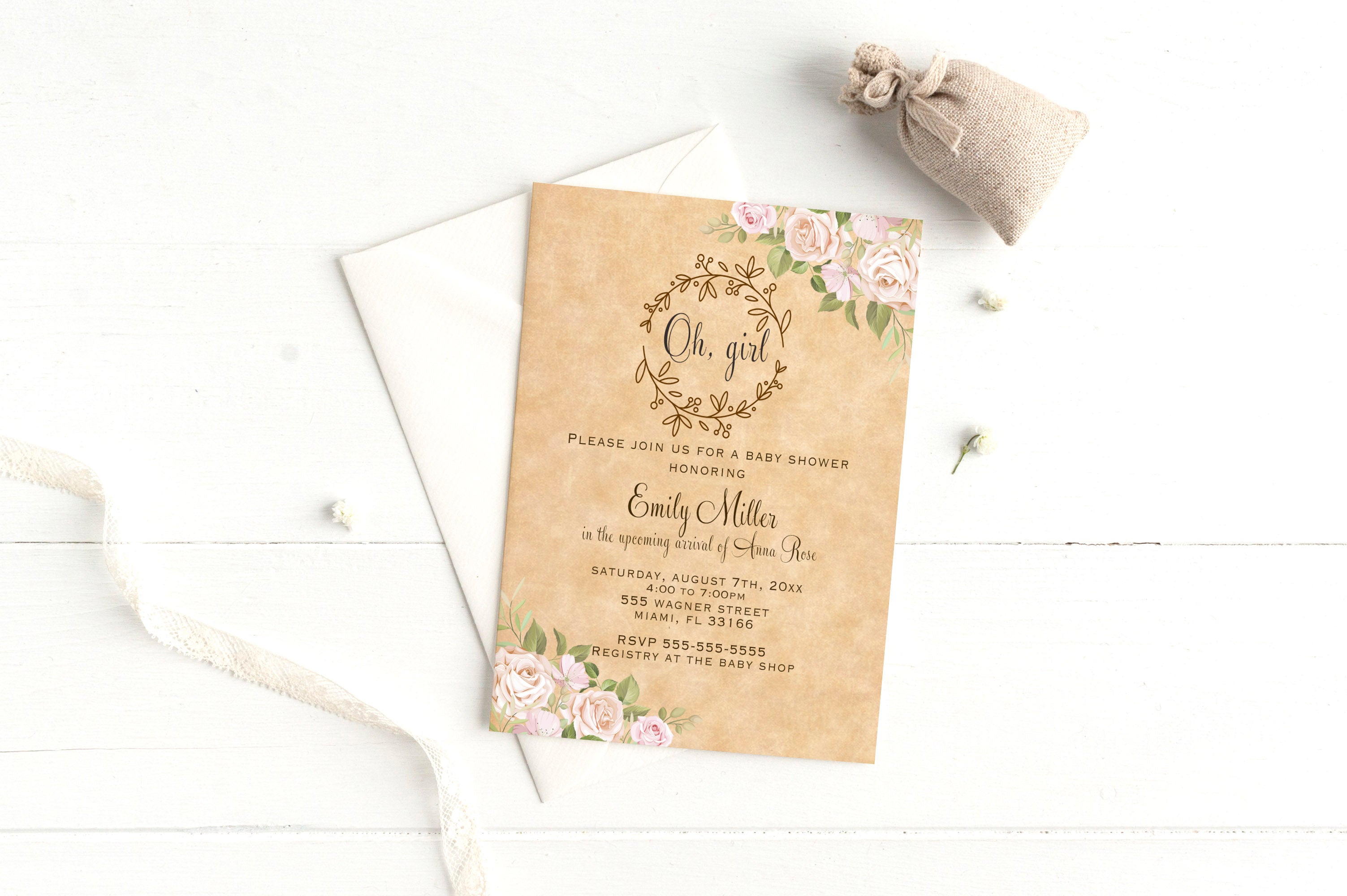 Rustic floral invitations baby shower printable