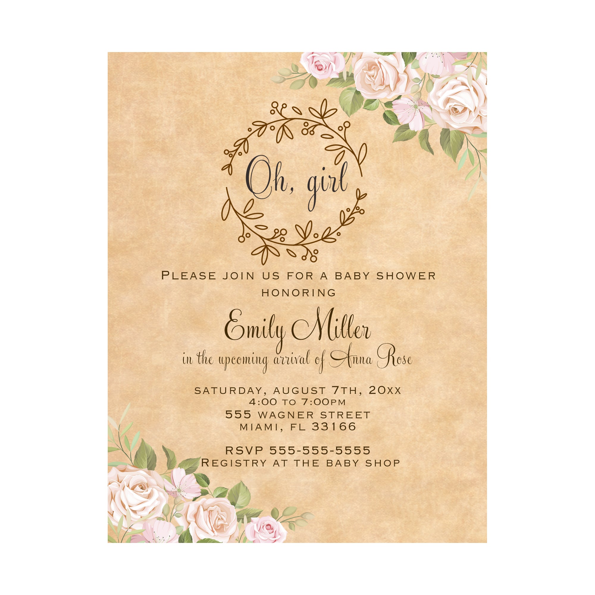 Rustic floral invitations baby shower printable