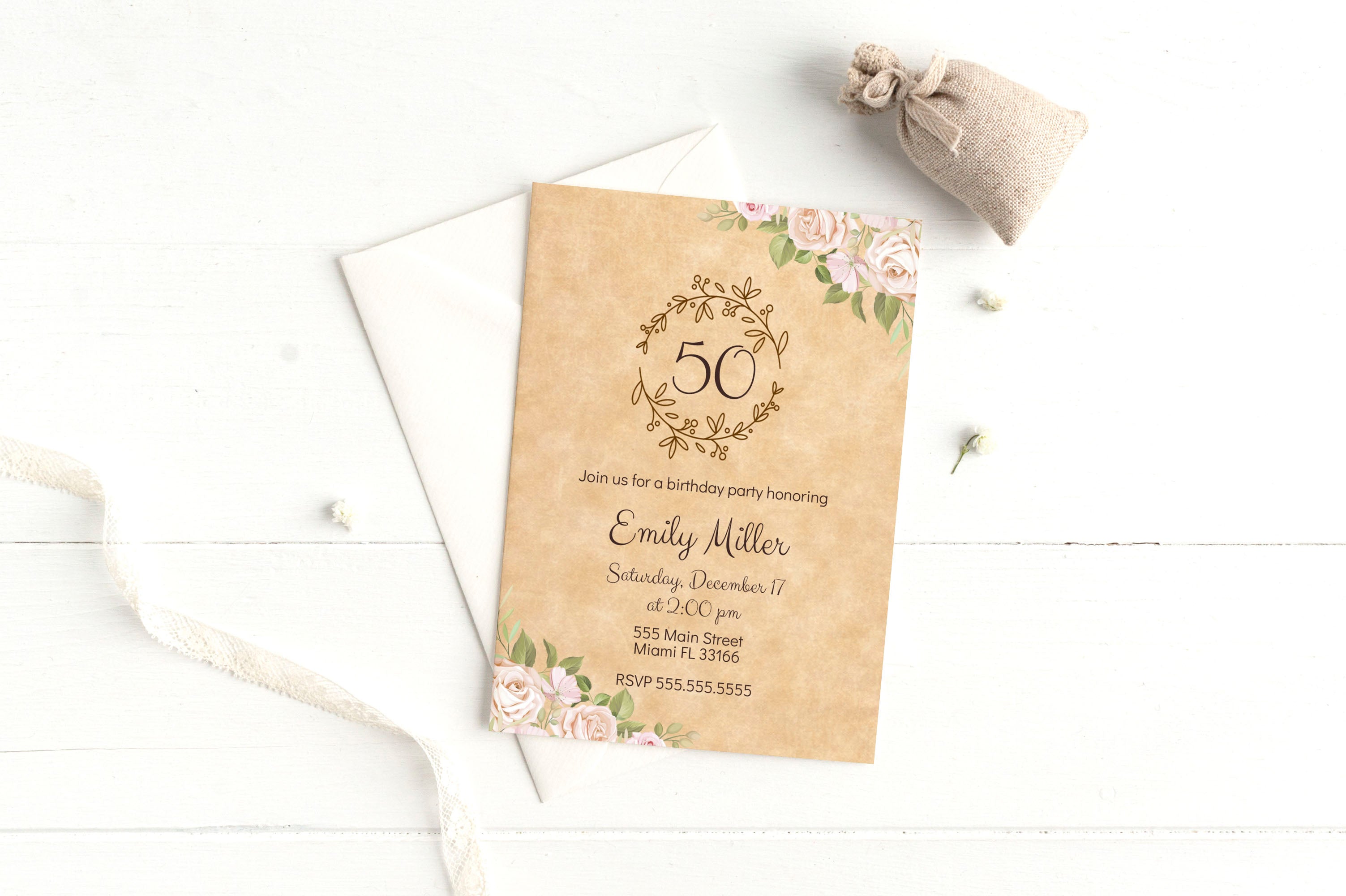 Rustic floral roses any age birthday printable template