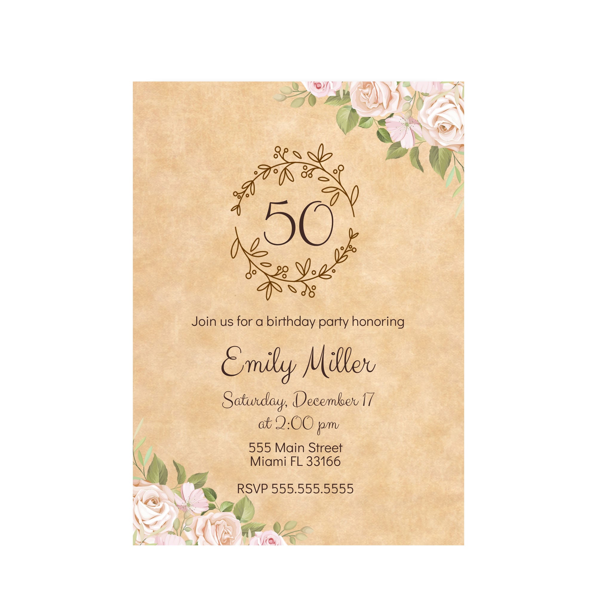 Rustic floral roses any age birthday printable template