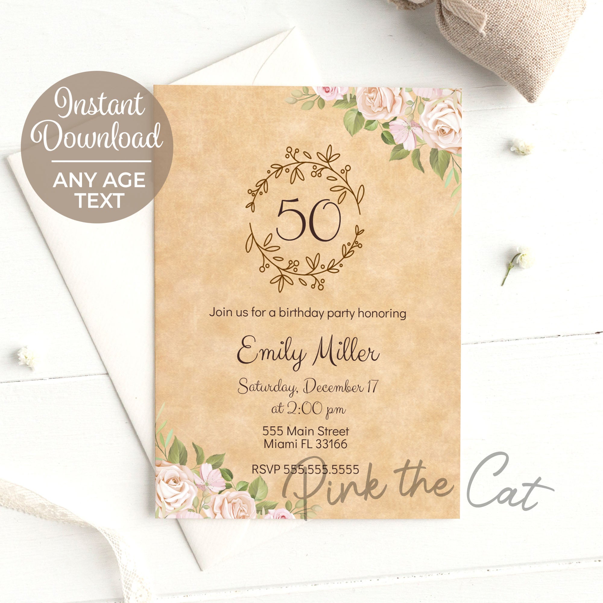 Rustic floral roses any age birthday printable template