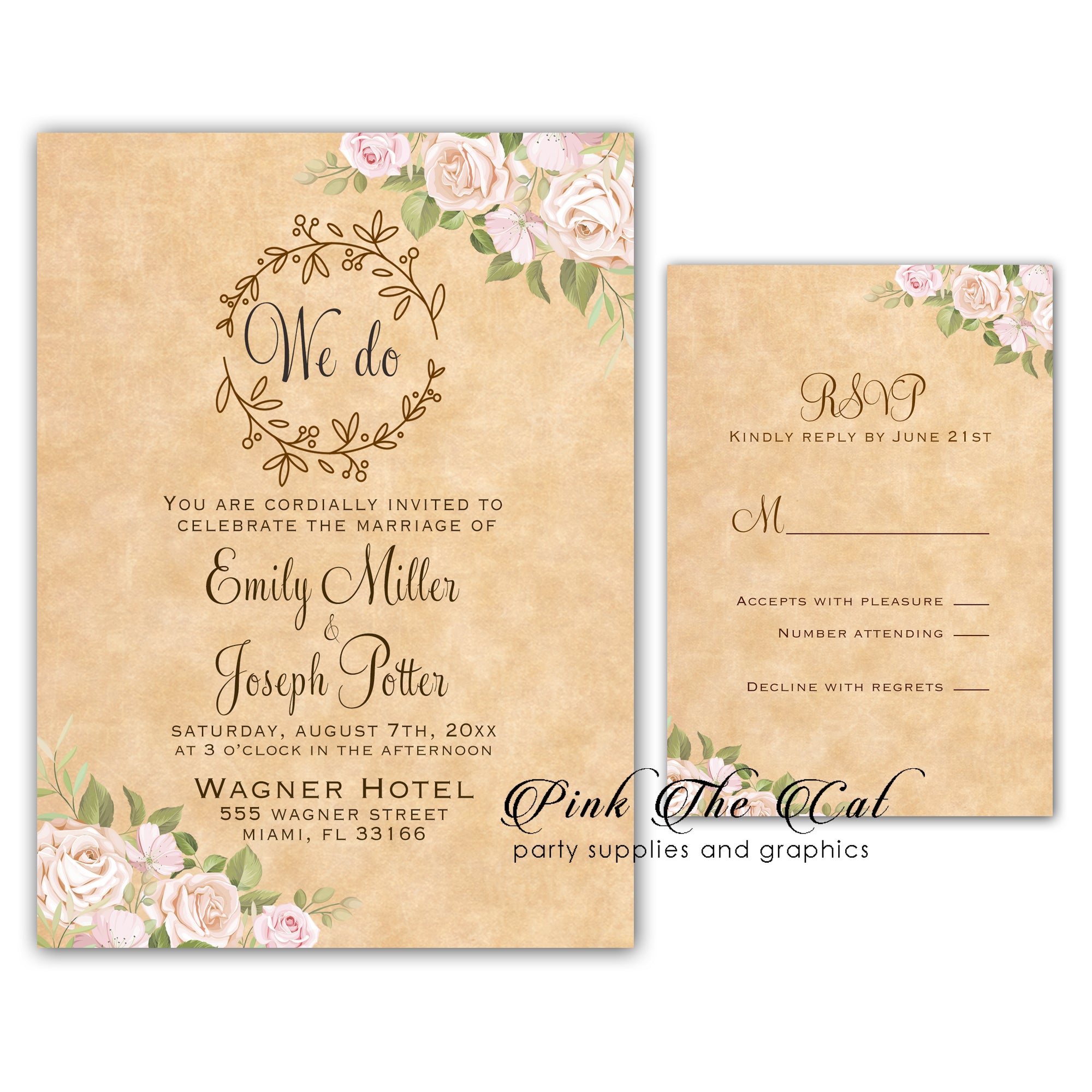 100 Rustic Pink Floral Roses Invitations & RSVP Cards With Envelopes