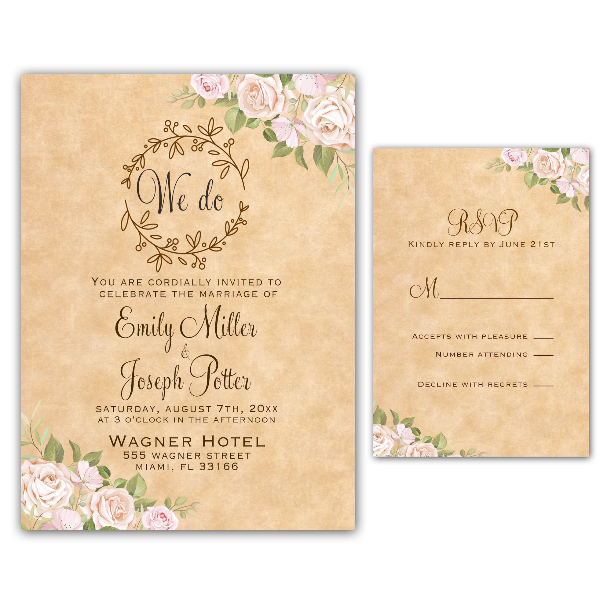 Vintage Rustic Pink Roses Floral Invitations & RSVP Cards Printable