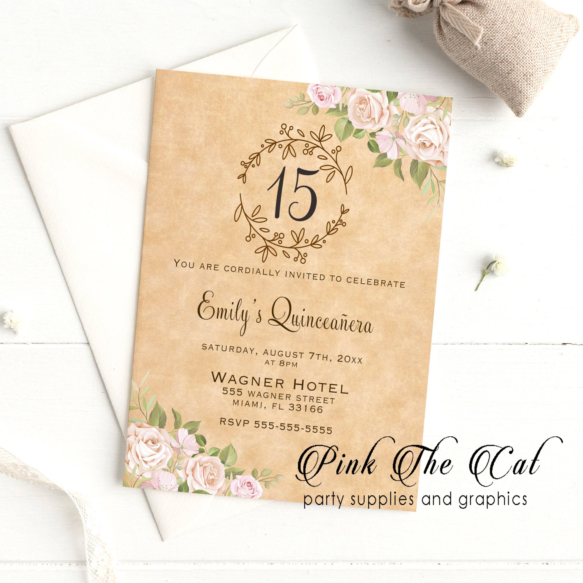 100 Rustic floral roses quinceañera invitation vintage themed