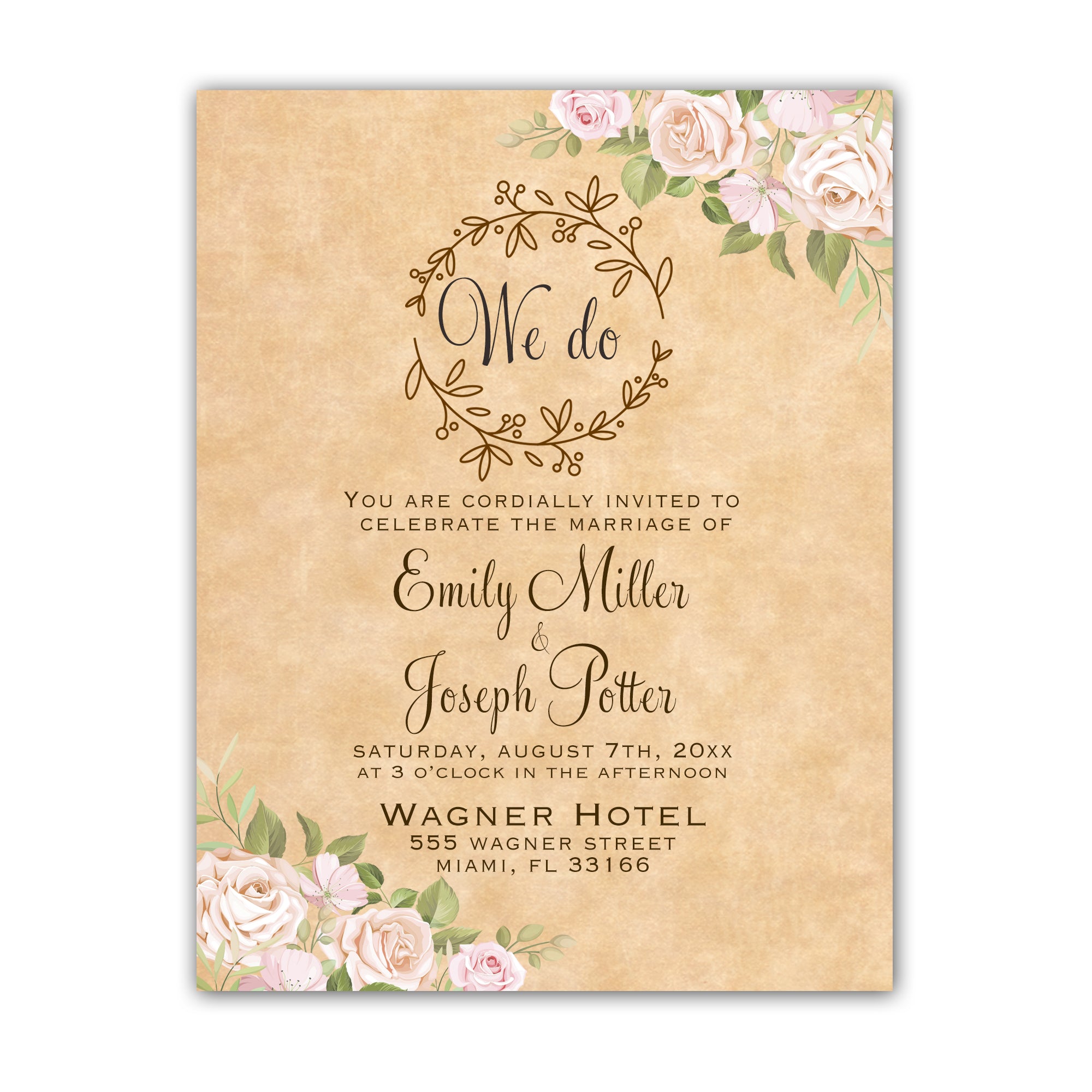 100 wedding invitations rustic floral roses personalized