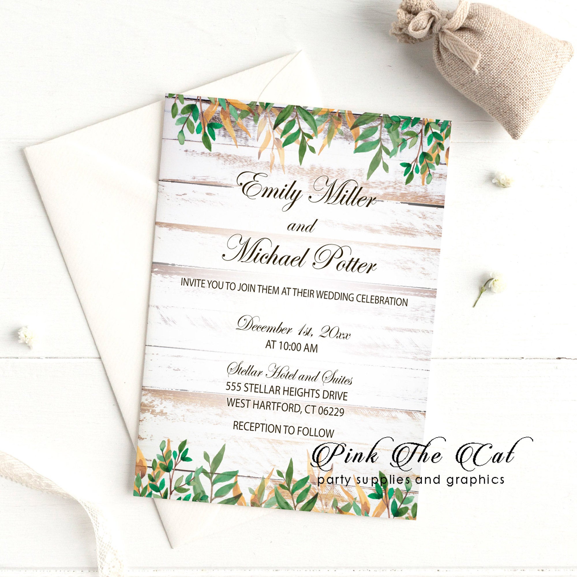 Wedding invitations rustic wood background greenery printable