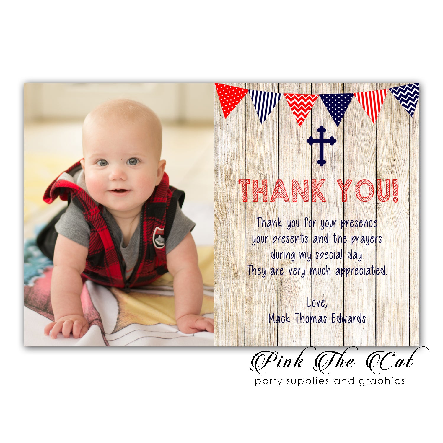 Rustic thank you card blue red boy baptism christening printable