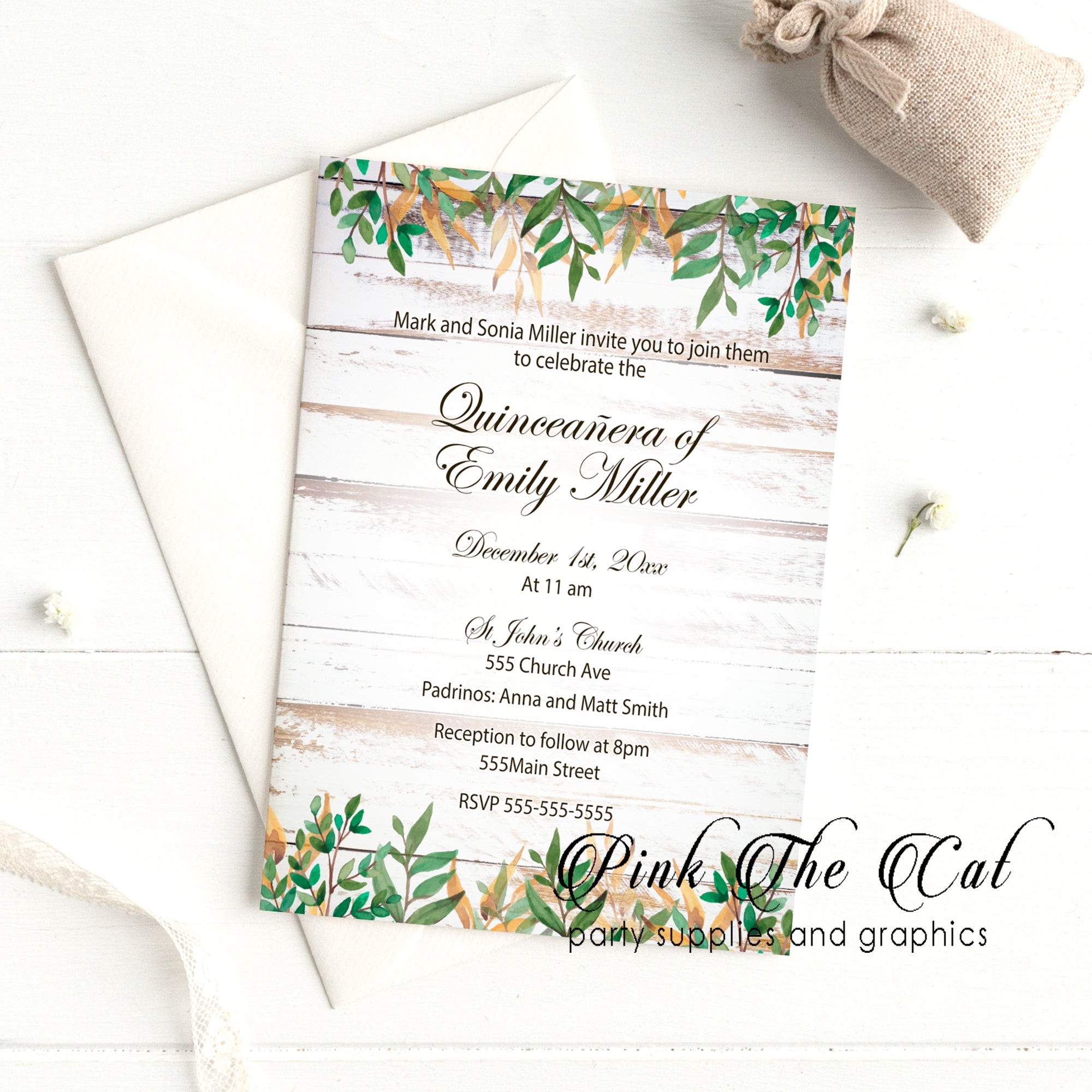 Rustic greenery quinceañera invitation printable