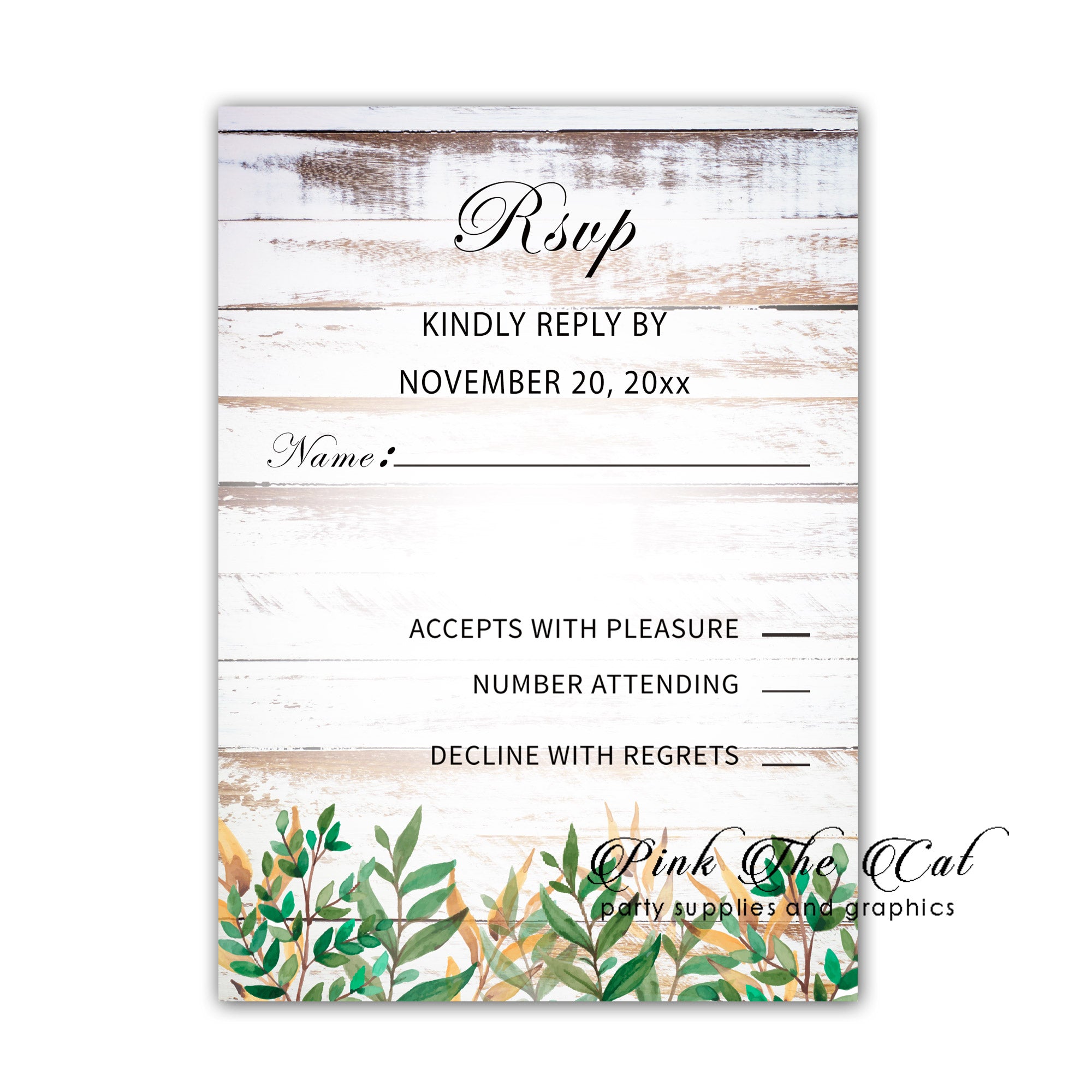 Wedding RSVP cards rustic wood background greenery printable