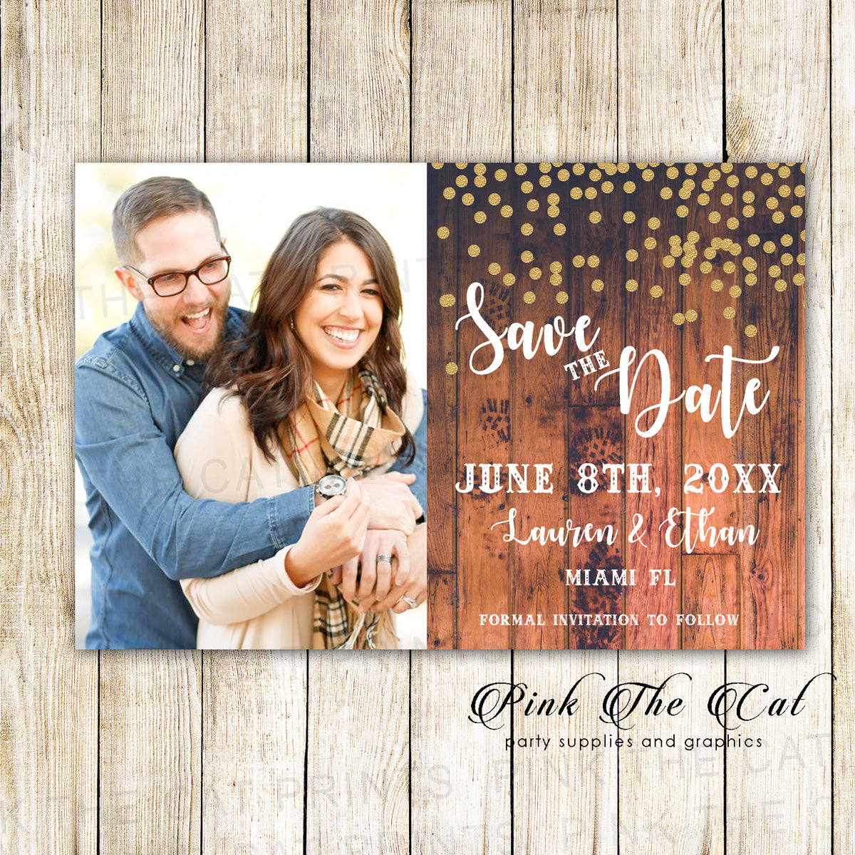 Confetti Gold Rustic Wood Background Save The Date Cards Printable