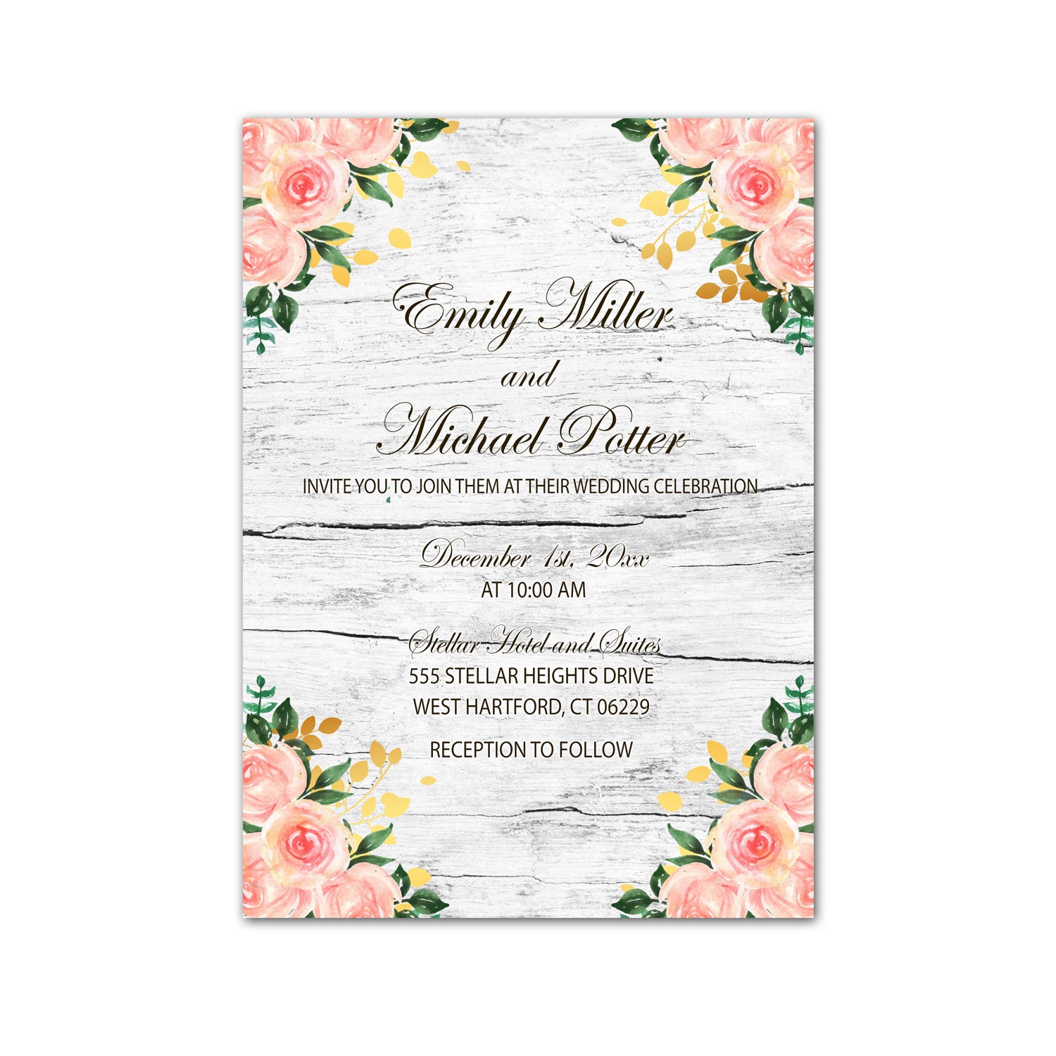 Wood Rustic Wedding Invitation Floral Pink Gold Printable