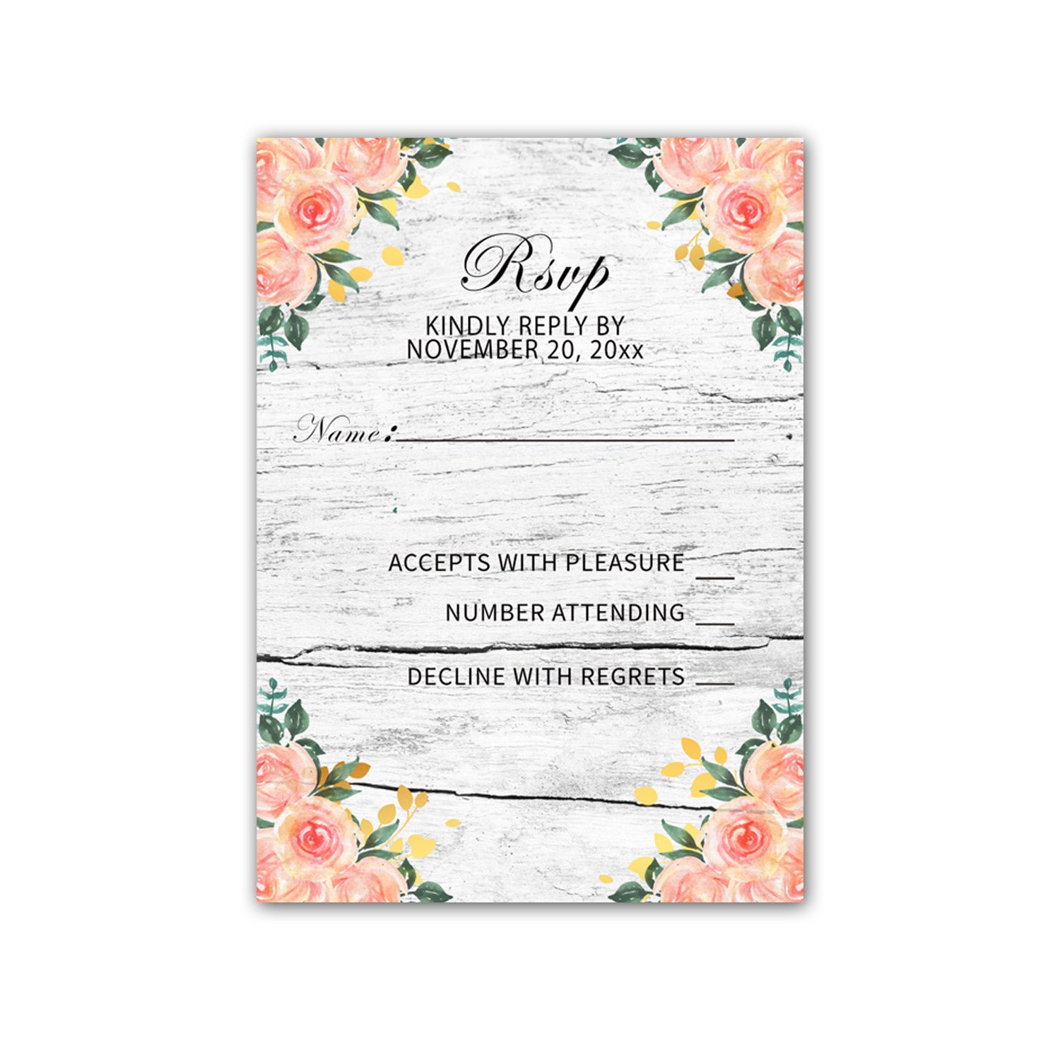 RSVP cards wood rustic wedding pink gold floral printable