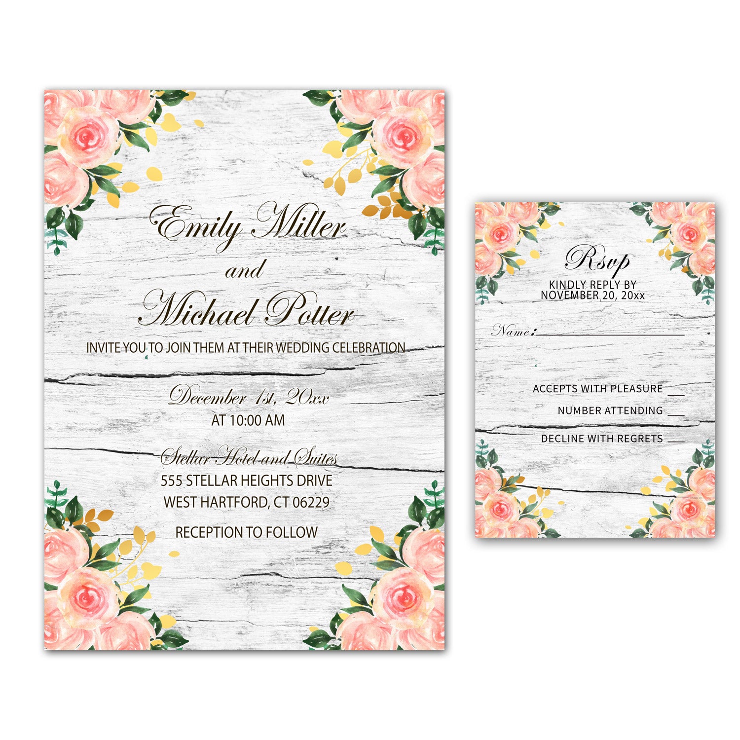 100 Gold Pink Rustic Wood Floral Wedding Invitations & RSVP Cards