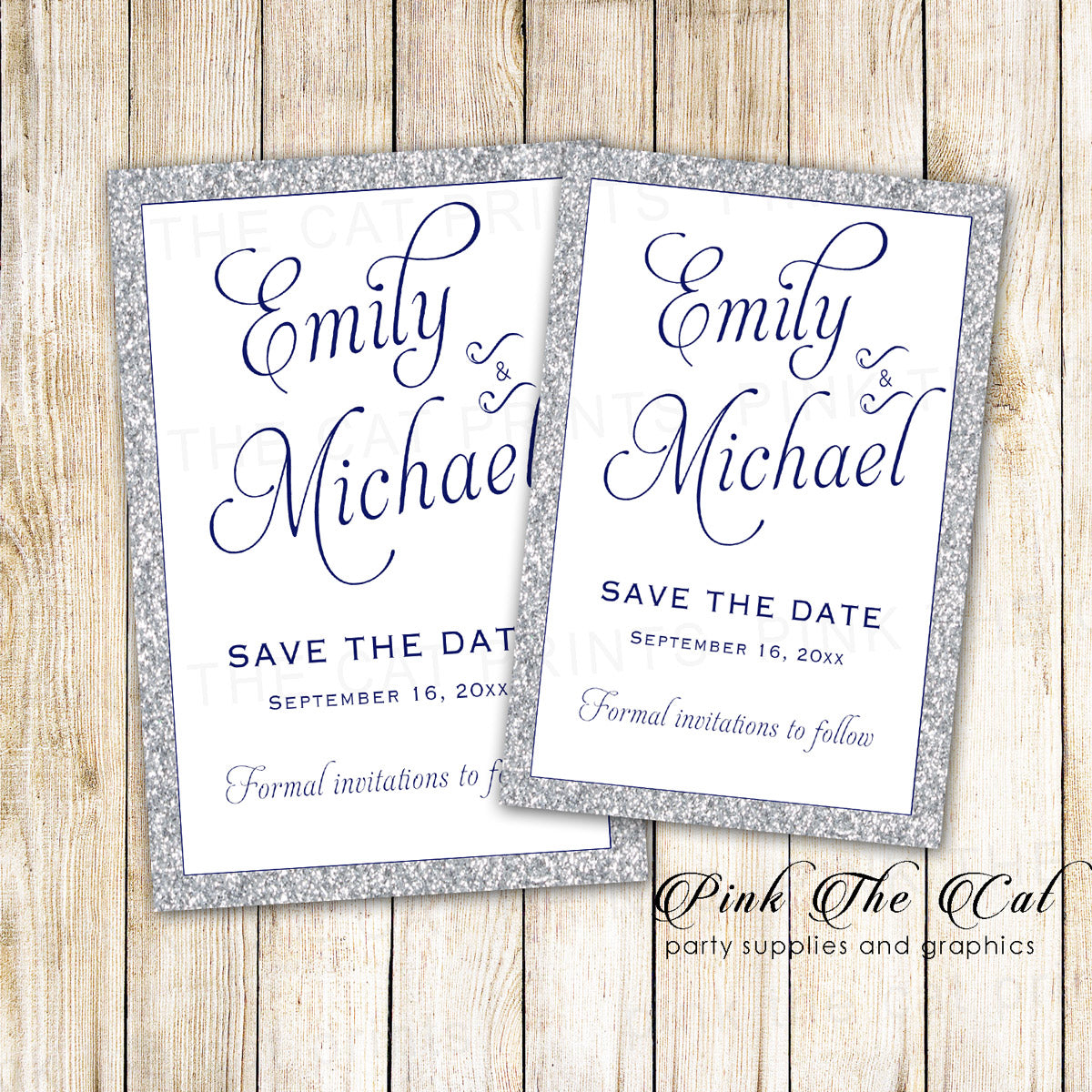 Silver Glitter Navy Blue Save The Date Cards Printable