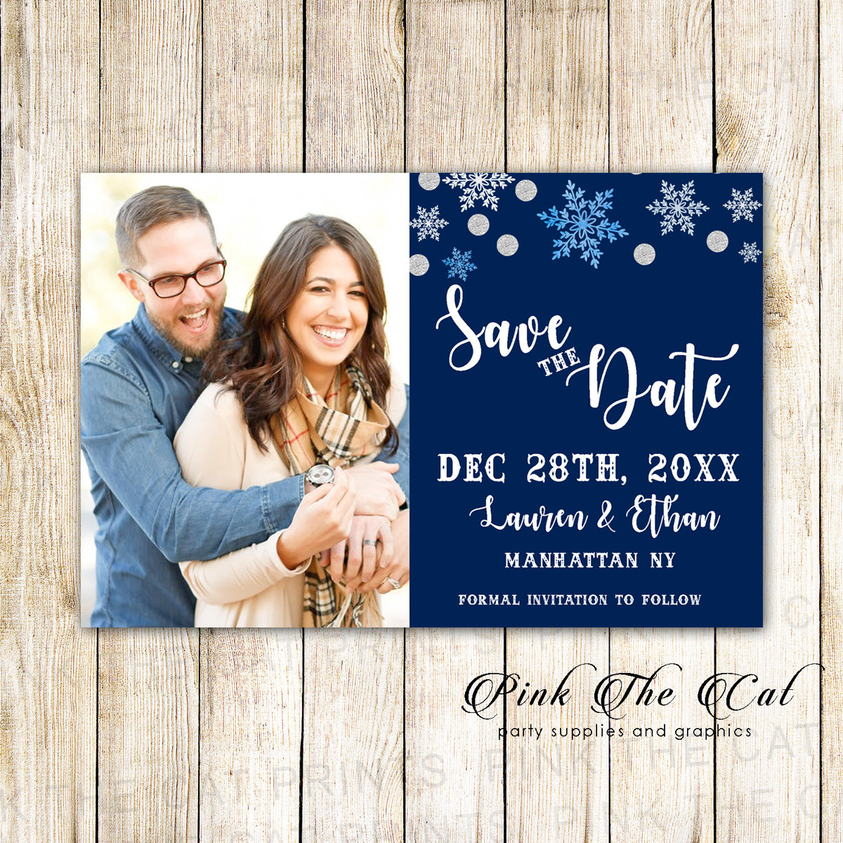 30 Cards Winter Save The Date Navy Blue Silver With Photo