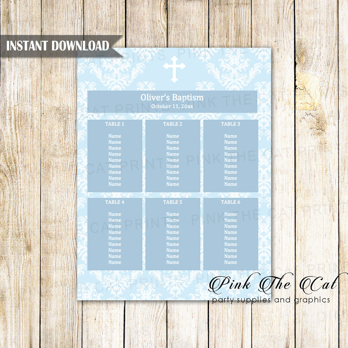 Seating Chart Boy Christening Baptism Communion Blue Printable