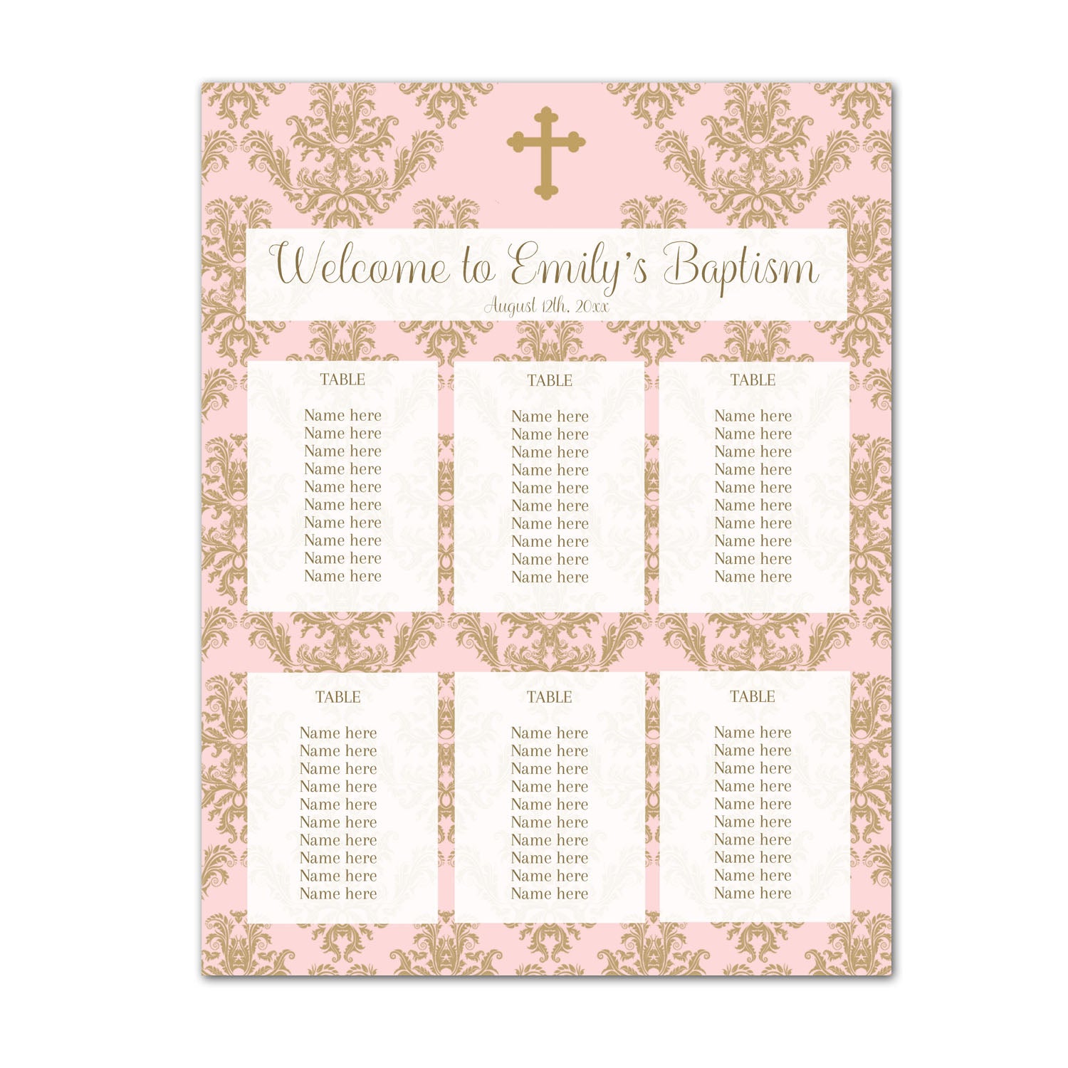 Seating chart pink and gold with cross printable