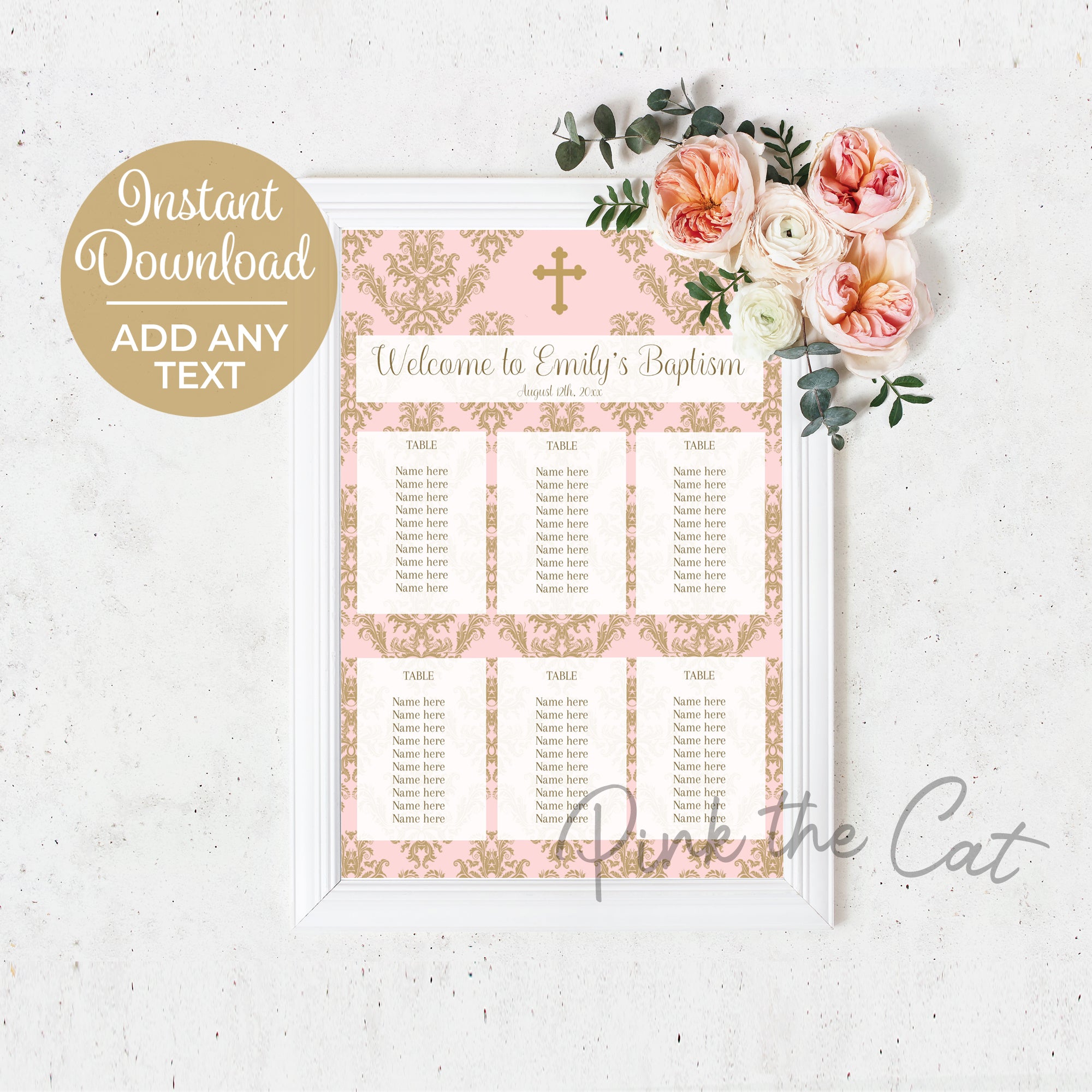 Seating chart pink and gold with cross printable