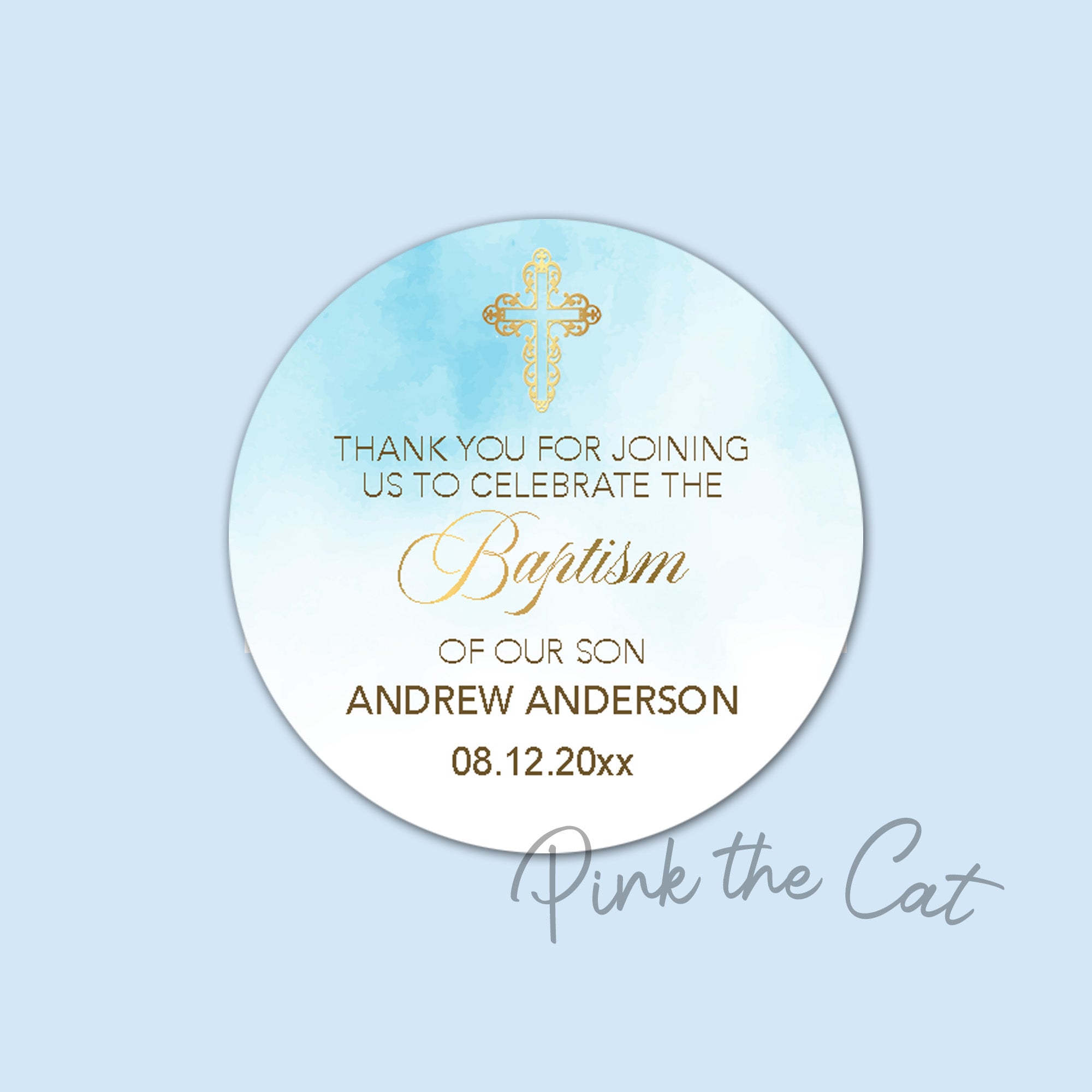 Baptism favor labels personalized for boys blue and gold glitter sky