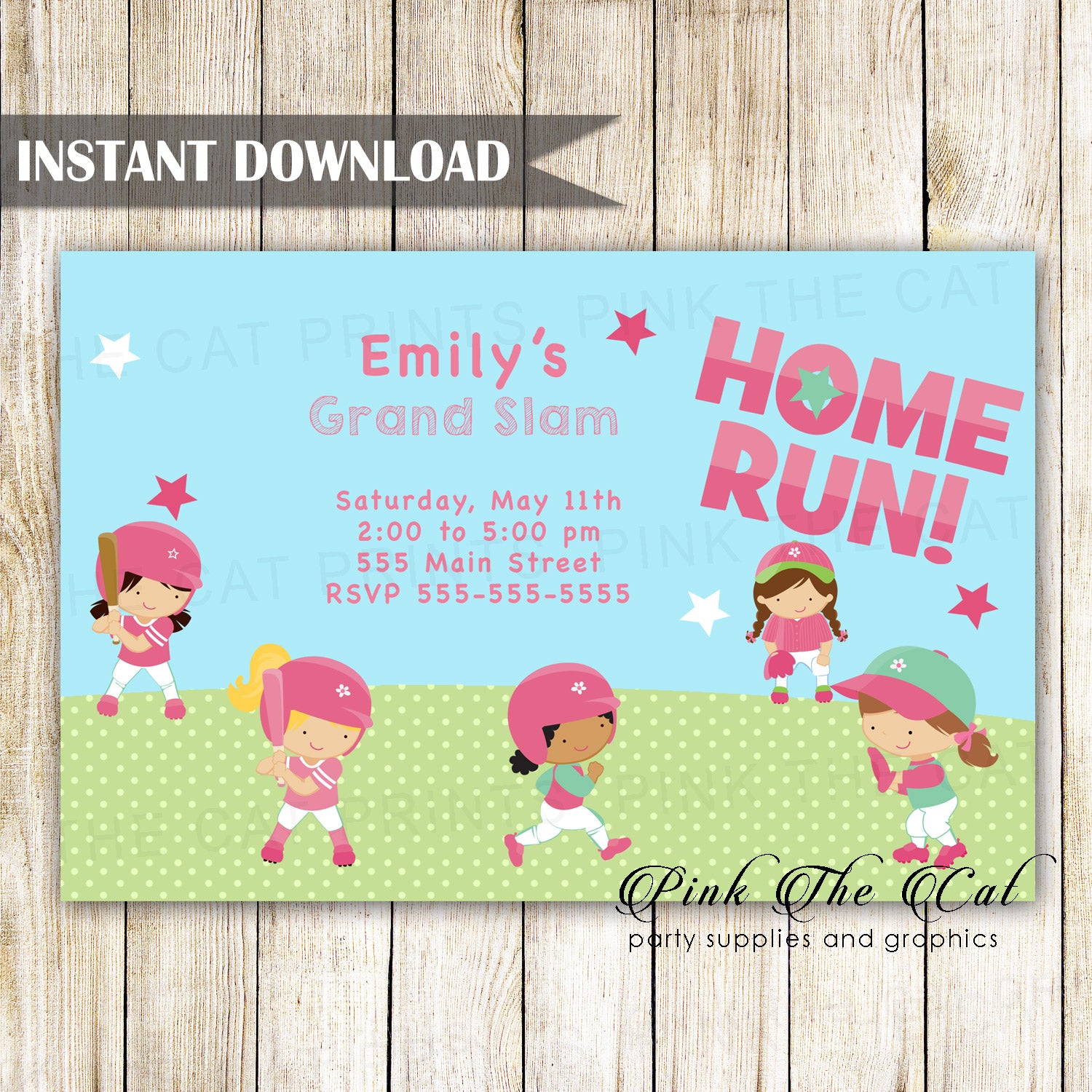 Softball baseball invitation girl birthday party printable download now