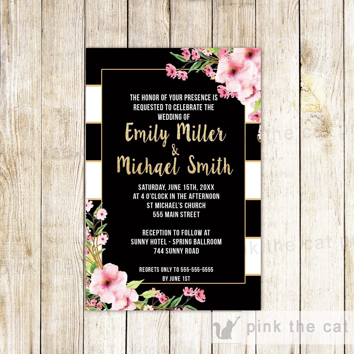 Wedding Invitation Boho Flowers Glitter Gold Pink Black White